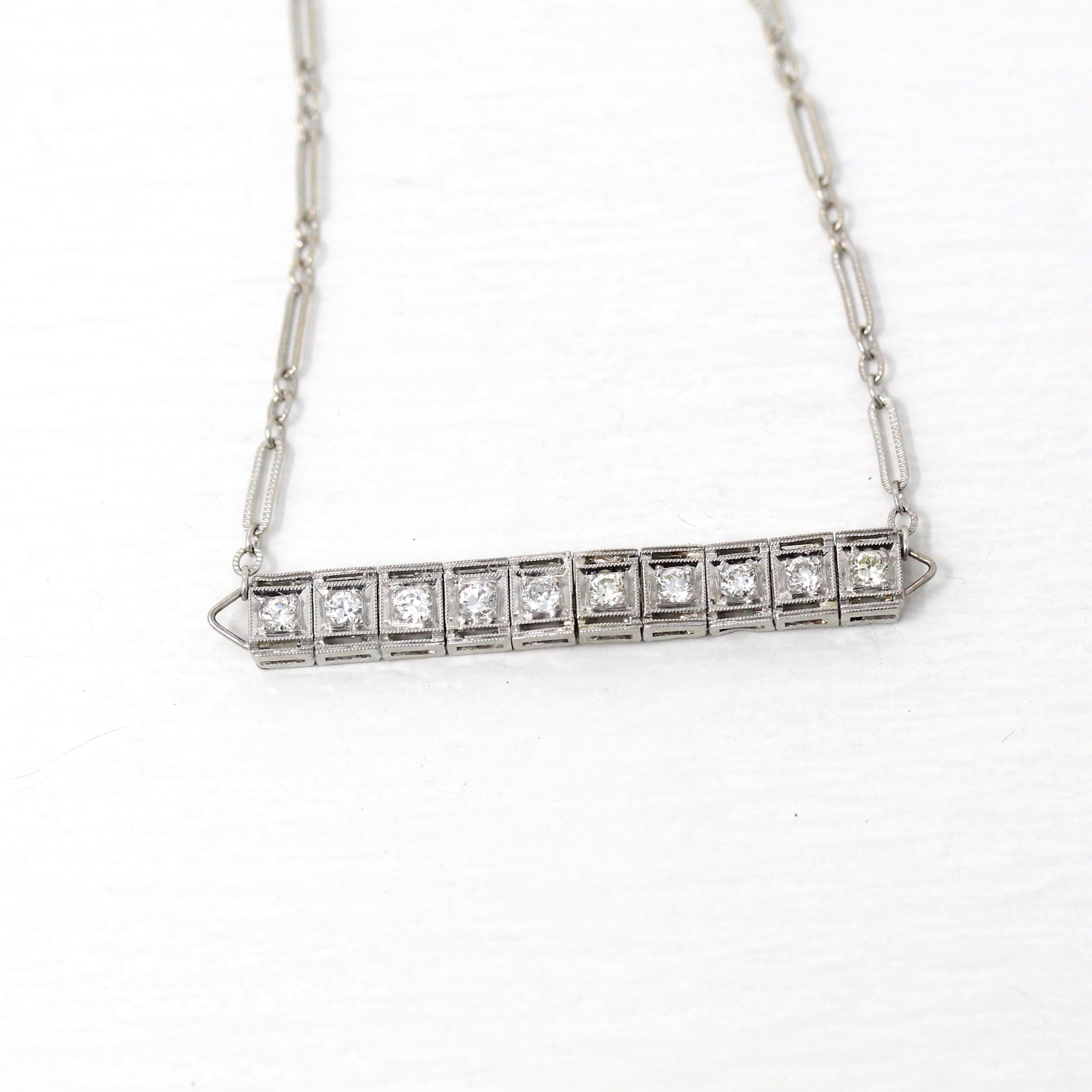 Antique Diamond Necklace - Art Deco Platinum 10 Stone Genuine .30 CTW Bar Pendant - Vintage 1920s Era Fine Horizontal Paperclip Jewelry