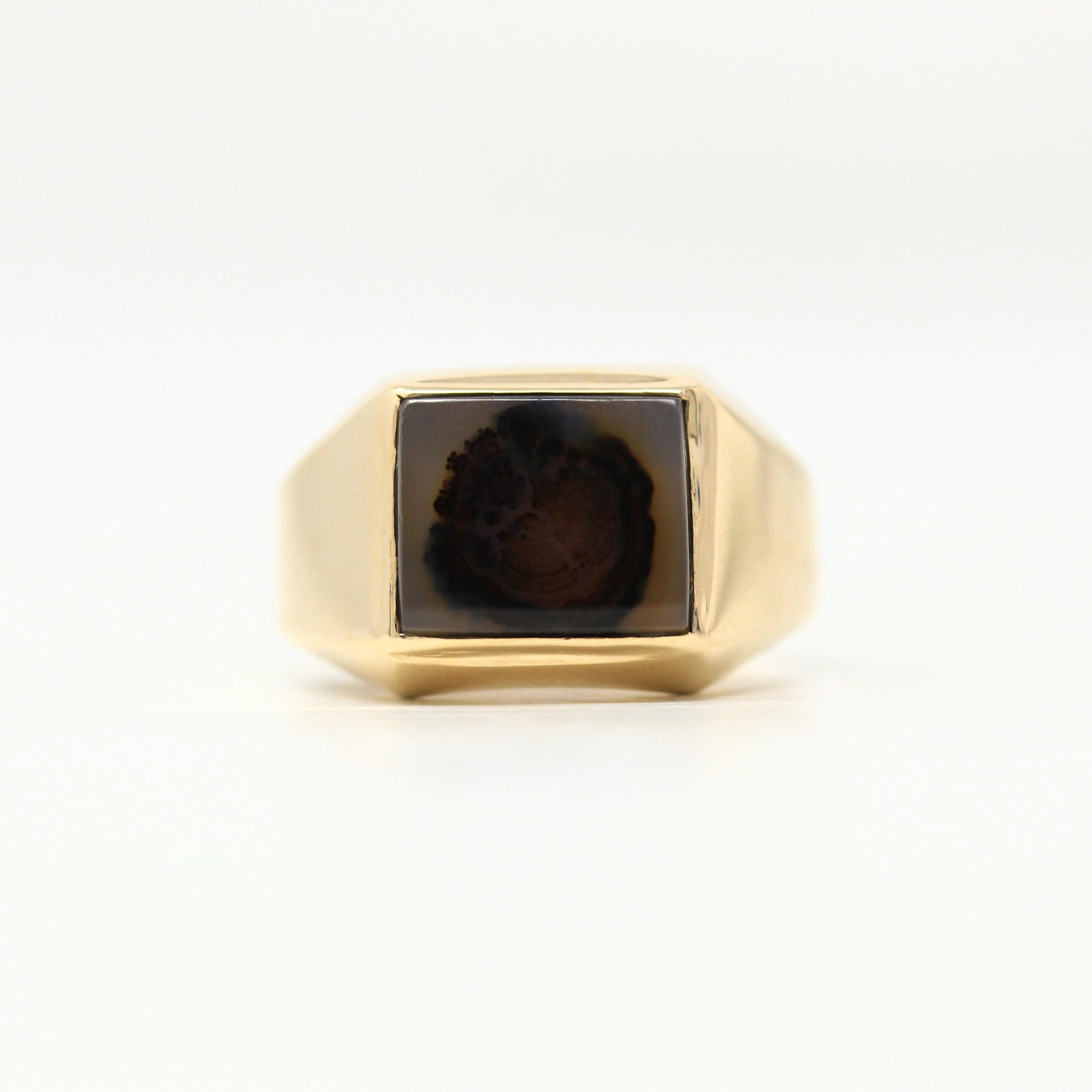 Genuine Agate Ring - Retro 10k Yellow Gold Square Cut Inclusion Gem - Vintage Circa 1940s Era Size 11 1/4 Statement Unisex Fine Jewelry