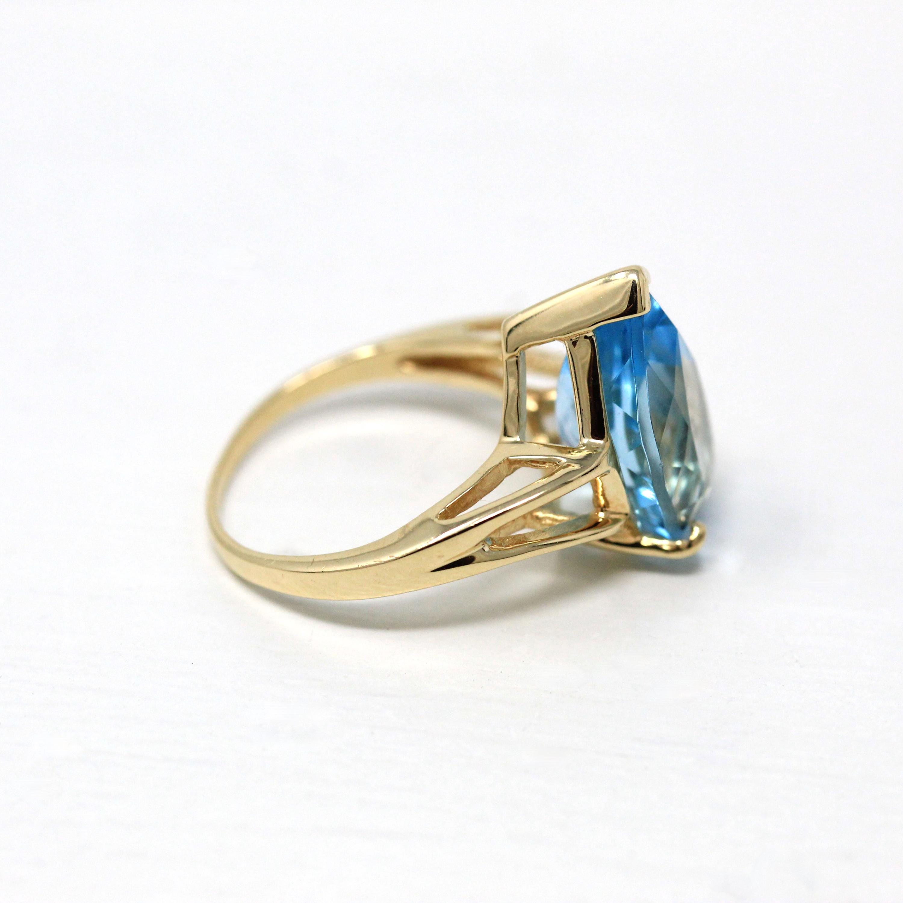 Blue Topaz Ring - Estate 10k Yellow Gold Genuine Blue Statement - Vintage Size 5 1/4 Large Pear Cut 6.99 Ct Gem Modern 1990s Fine Jewelry