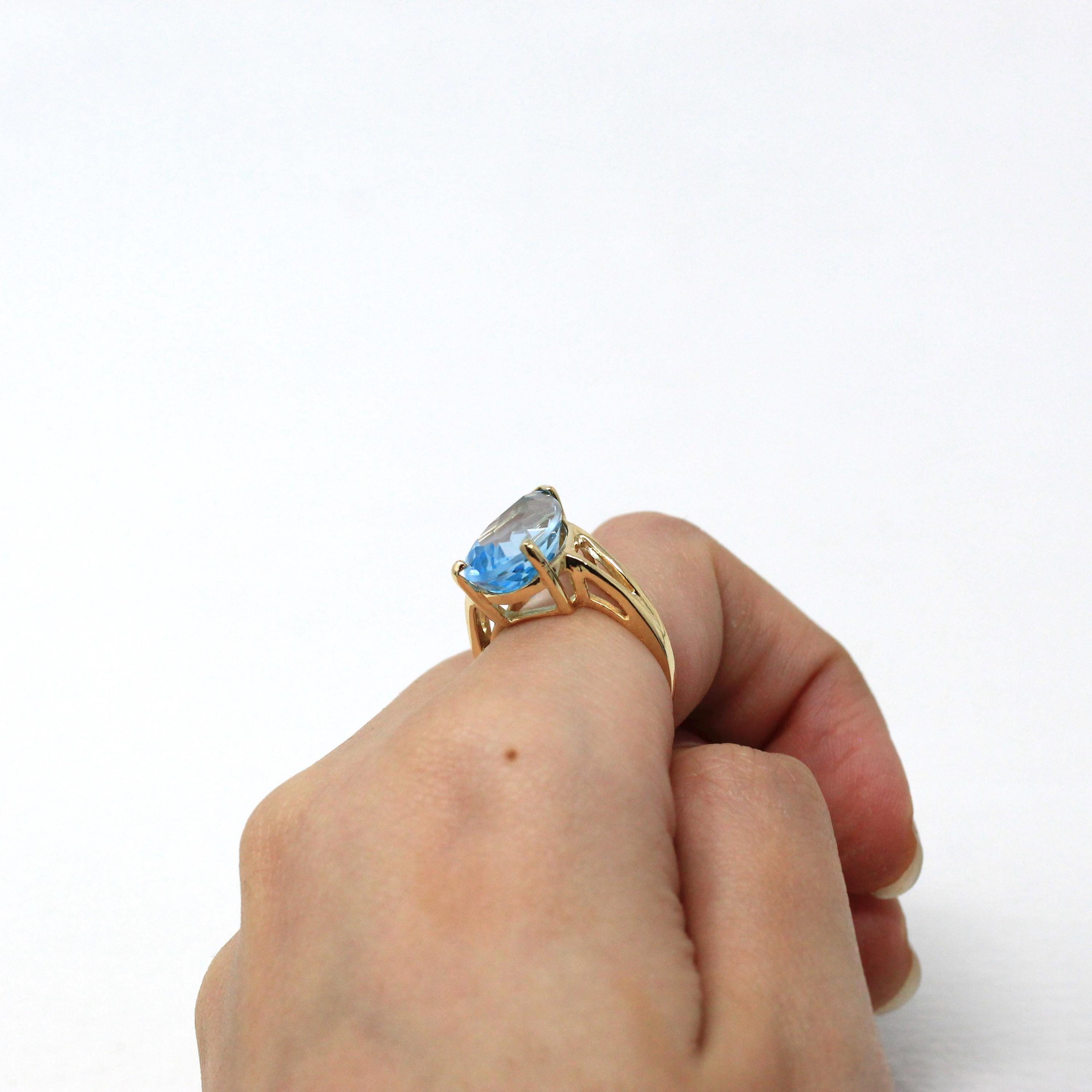 Blue Topaz Ring - Estate 10k Yellow Gold Genuine Blue Statement - Vintage Size 5 1/4 Large Pear Cut 6.99 Ct Gem Modern 1990s Fine Jewelry