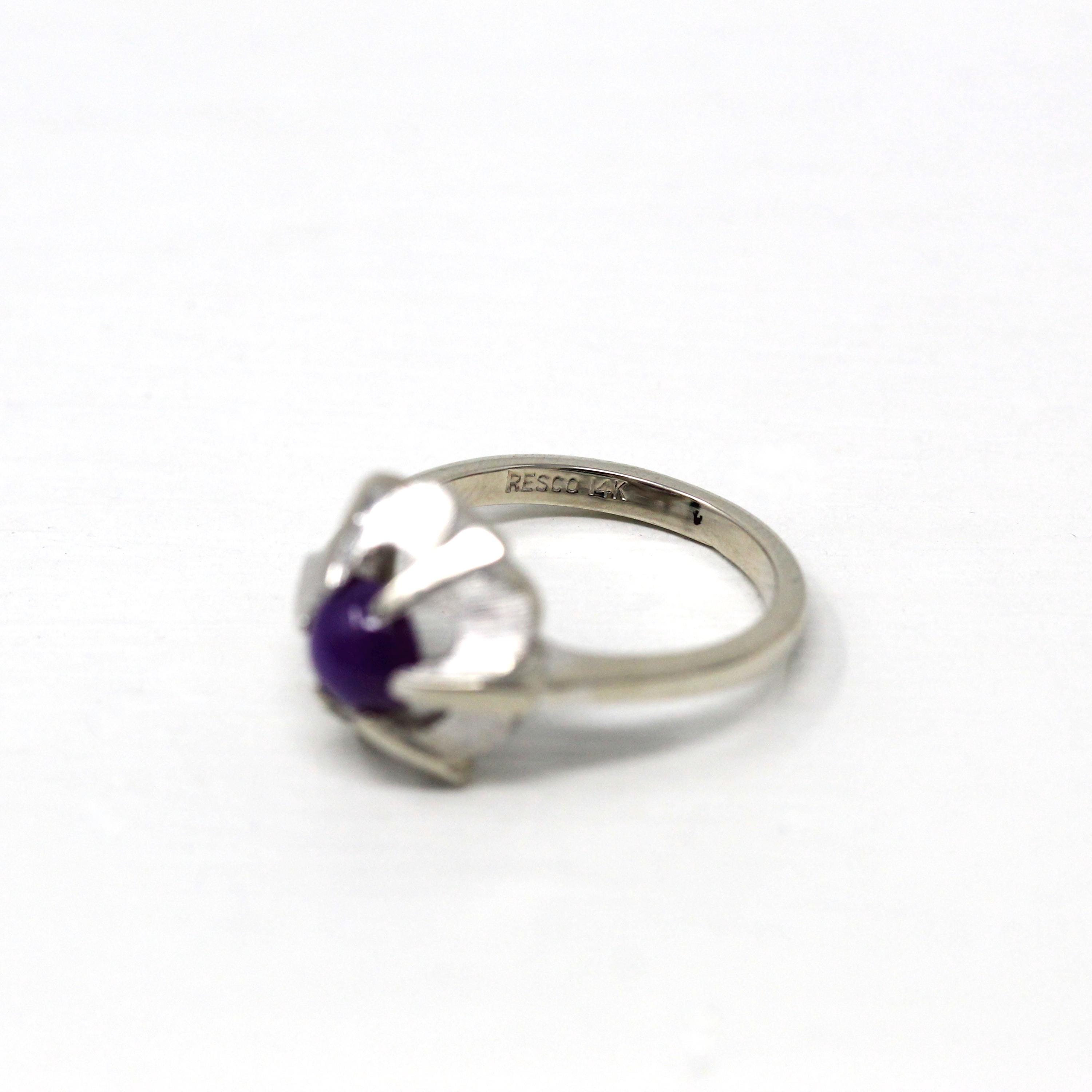 Created Star Sapphire Ring - Retro 14k White Gold 1.12 Ct Purple Cabochon Statement - Vintage Circa 1960s Size 6 1/4 Celestial Fine Jewelry