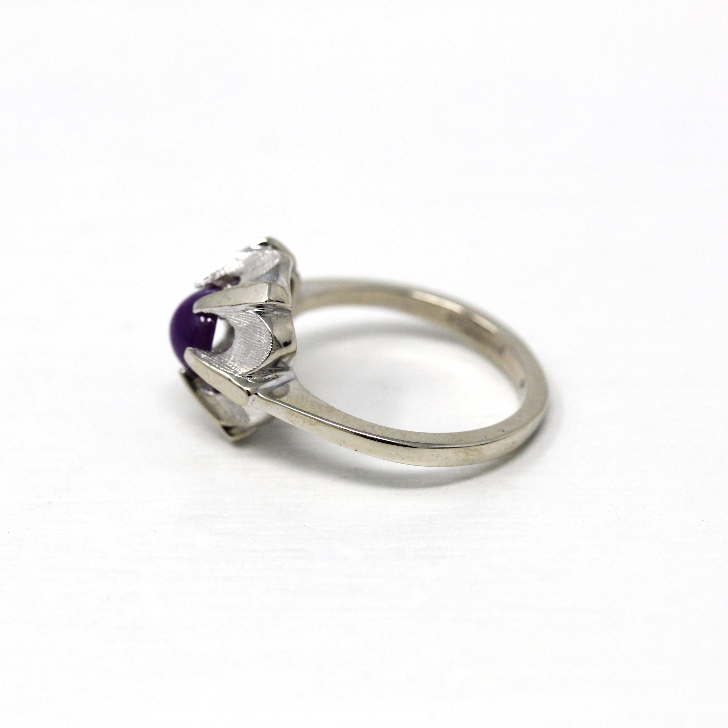 Created Star Sapphire Ring - Retro 14k White Gold 1.12 Ct Purple Cabochon Statement - Vintage Circa 1960s Size 6 1/4 Celestial Fine Jewelry