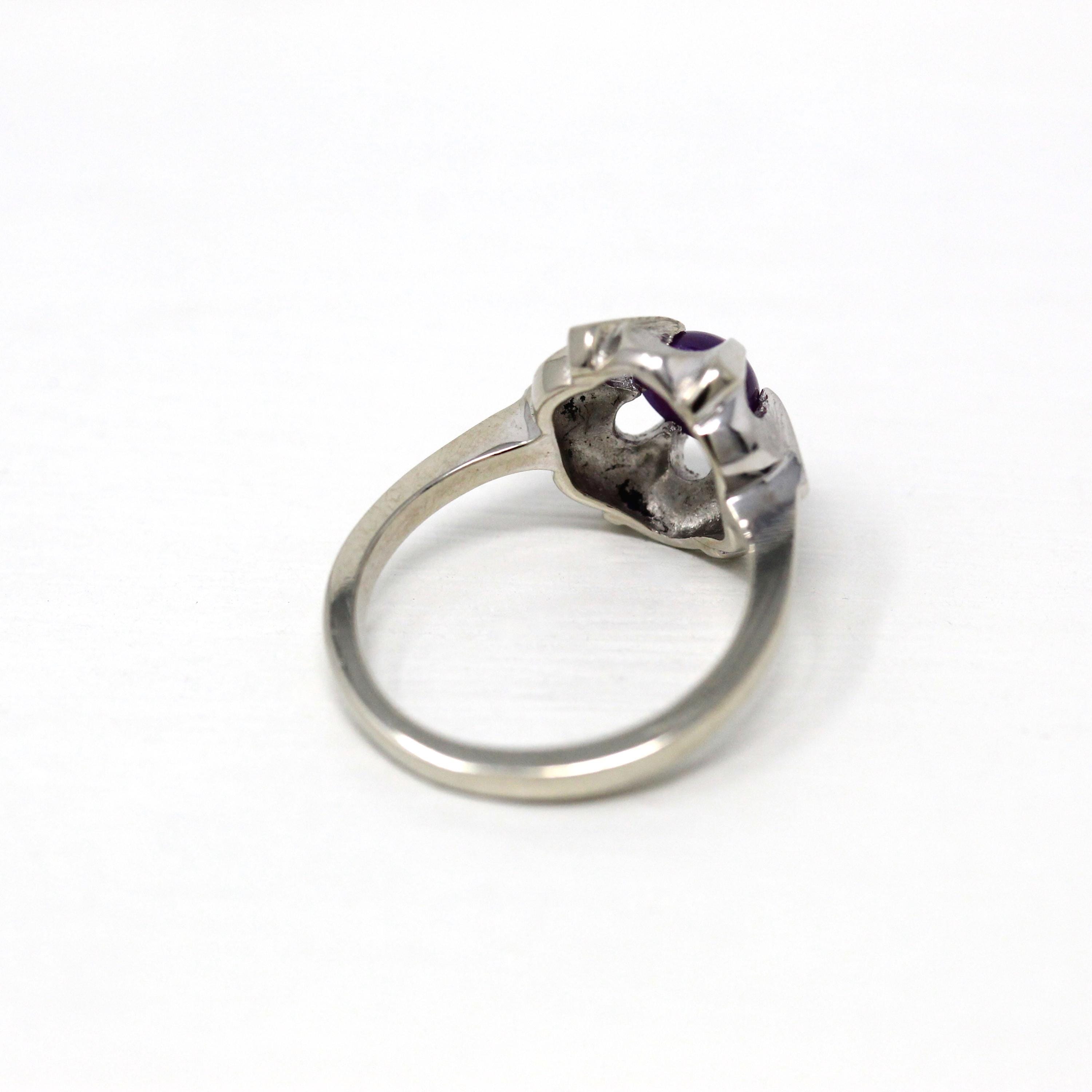 Created Star Sapphire Ring - Retro 14k White Gold 1.12 Ct Purple Cabochon Statement - Vintage Circa 1960s Size 6 1/4 Celestial Fine Jewelry