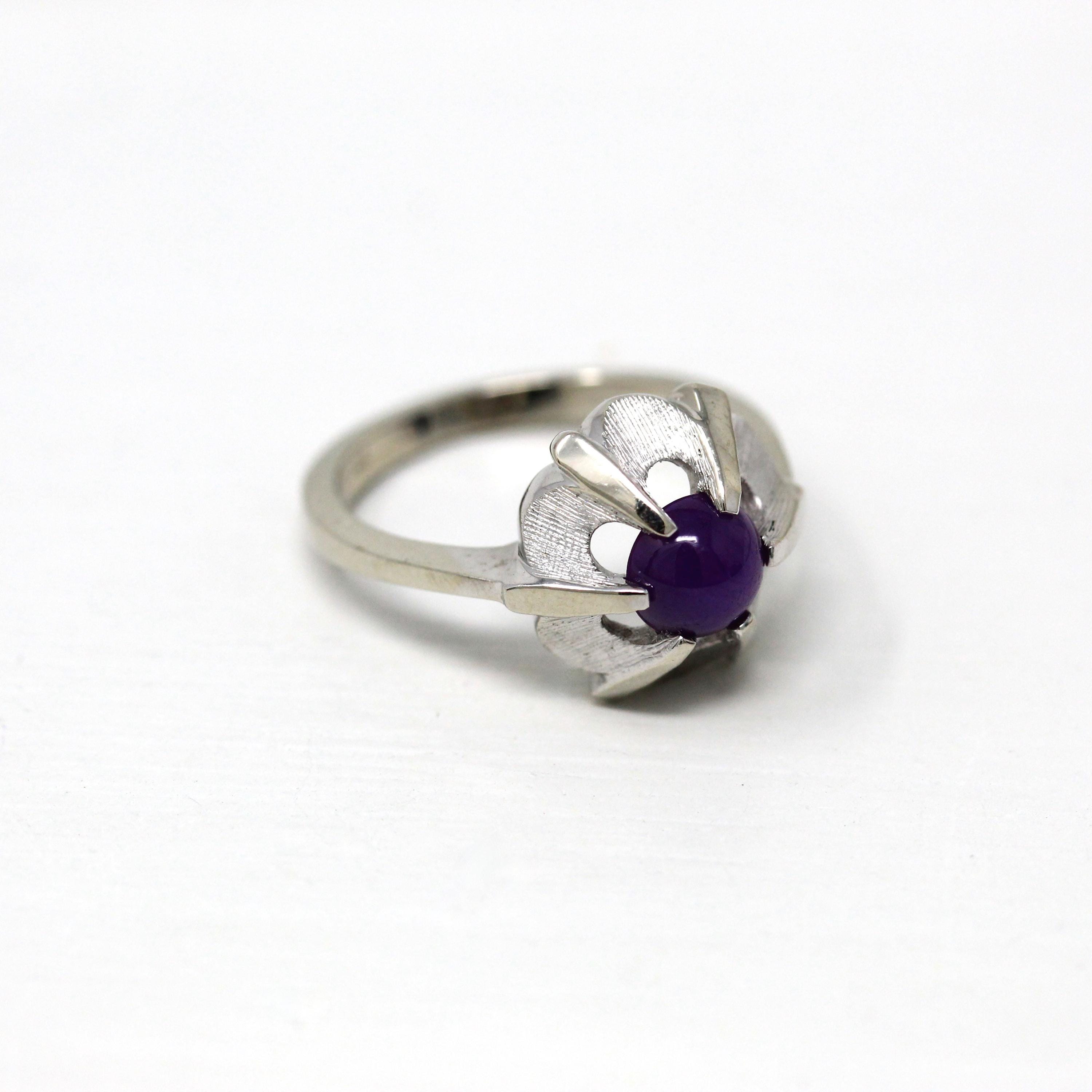 Created Star Sapphire Ring - Retro 14k White Gold 1.12 Ct Purple Cabochon Statement - Vintage Circa 1960s Size 6 1/4 Celestial Fine Jewelry