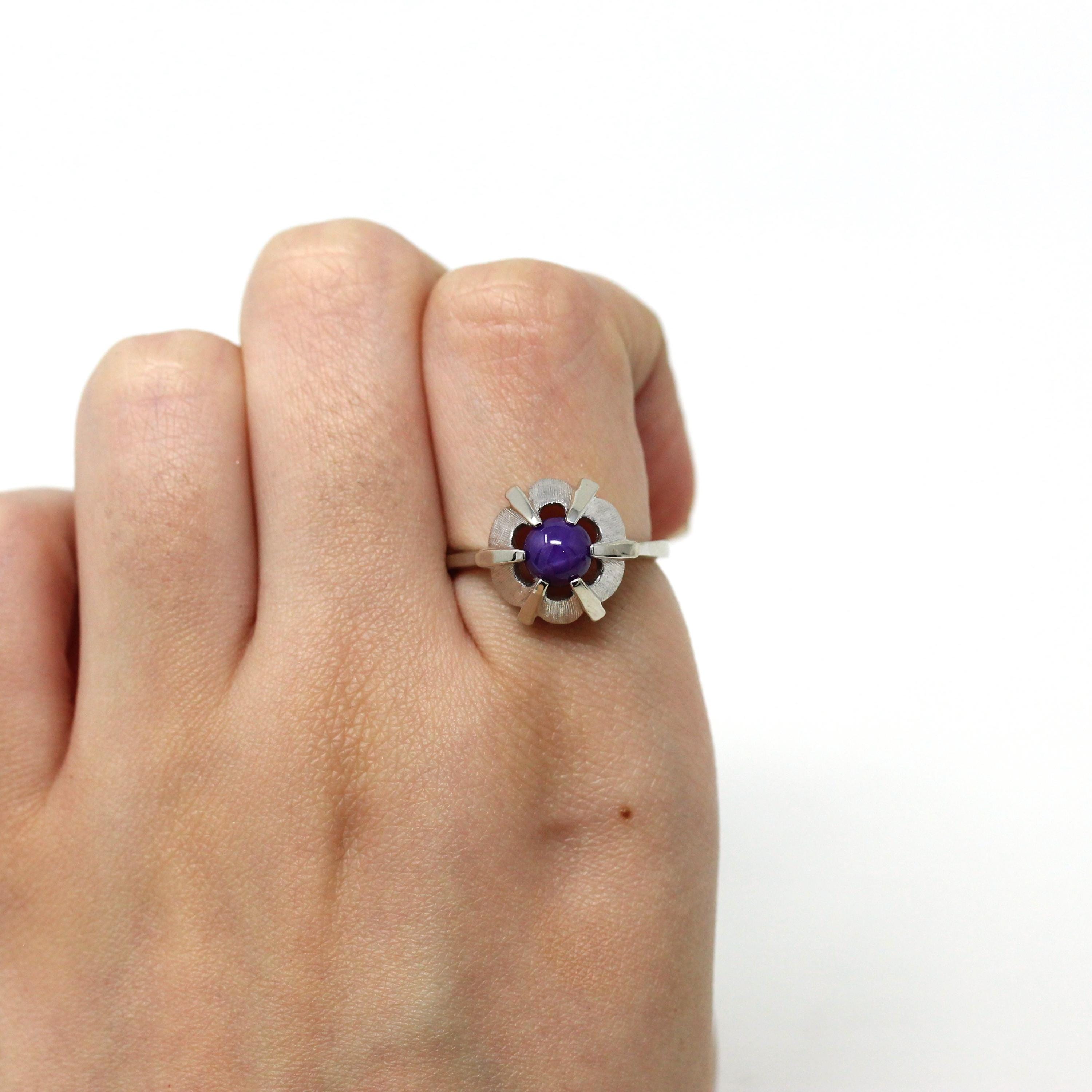 Created Star Sapphire Ring - Retro 14k White Gold 1.12 Ct Purple Cabochon Statement - Vintage Circa 1960s Size 6 1/4 Celestial Fine Jewelry