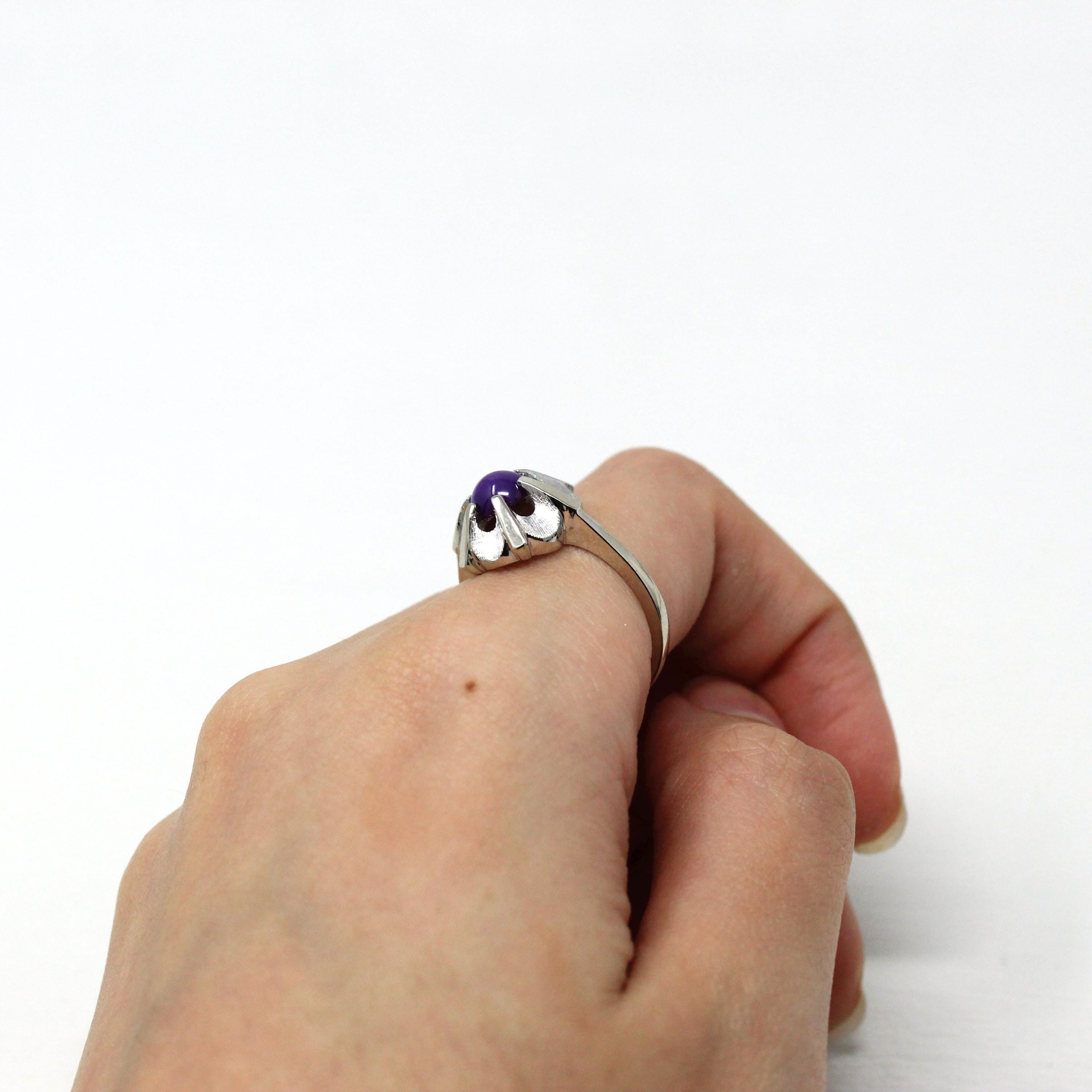 Created Star Sapphire Ring - Retro 14k White Gold 1.12 Ct Purple Cabochon Statement - Vintage Circa 1960s Size 6 1/4 Celestial Fine Jewelry