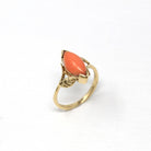 Genuine Coral Ring - Retro 14k Yellow Gold Marquise Cut Organic Gemstone - Vintage Circa 1970s Era Size 7 Statement Leaf Motif 70s Jewelry