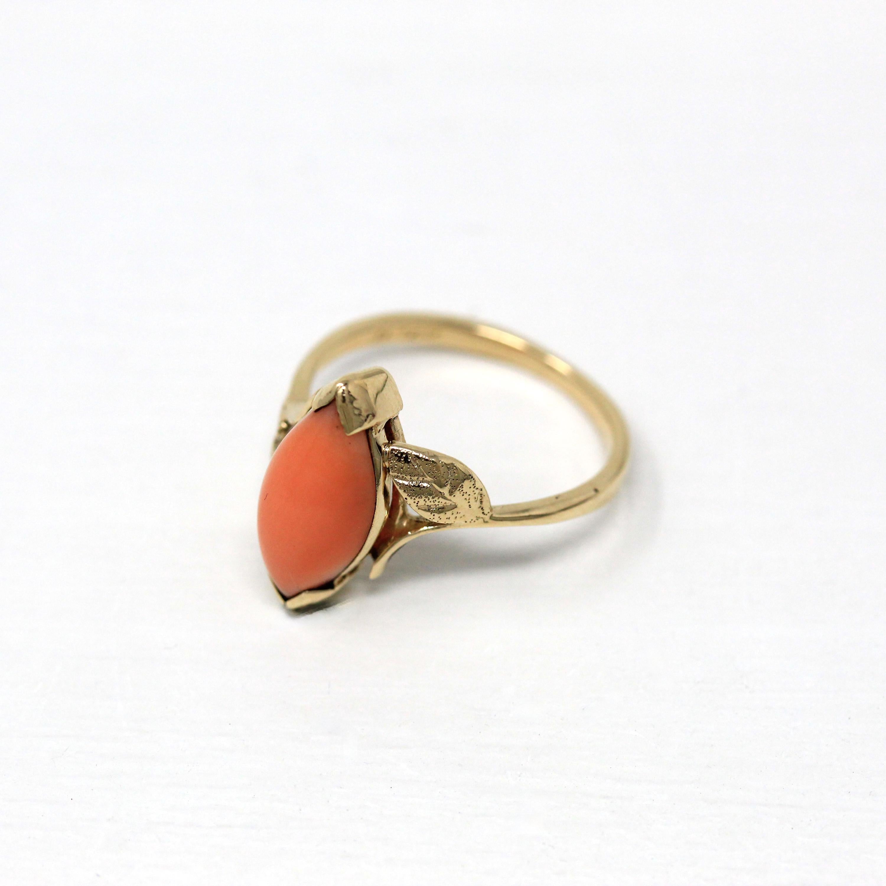 Genuine Coral Ring - Retro 14k Yellow Gold Marquise Cut Organic Gemstone - Vintage Circa 1970s Era Size 7 Statement Leaf Motif 70s Jewelry