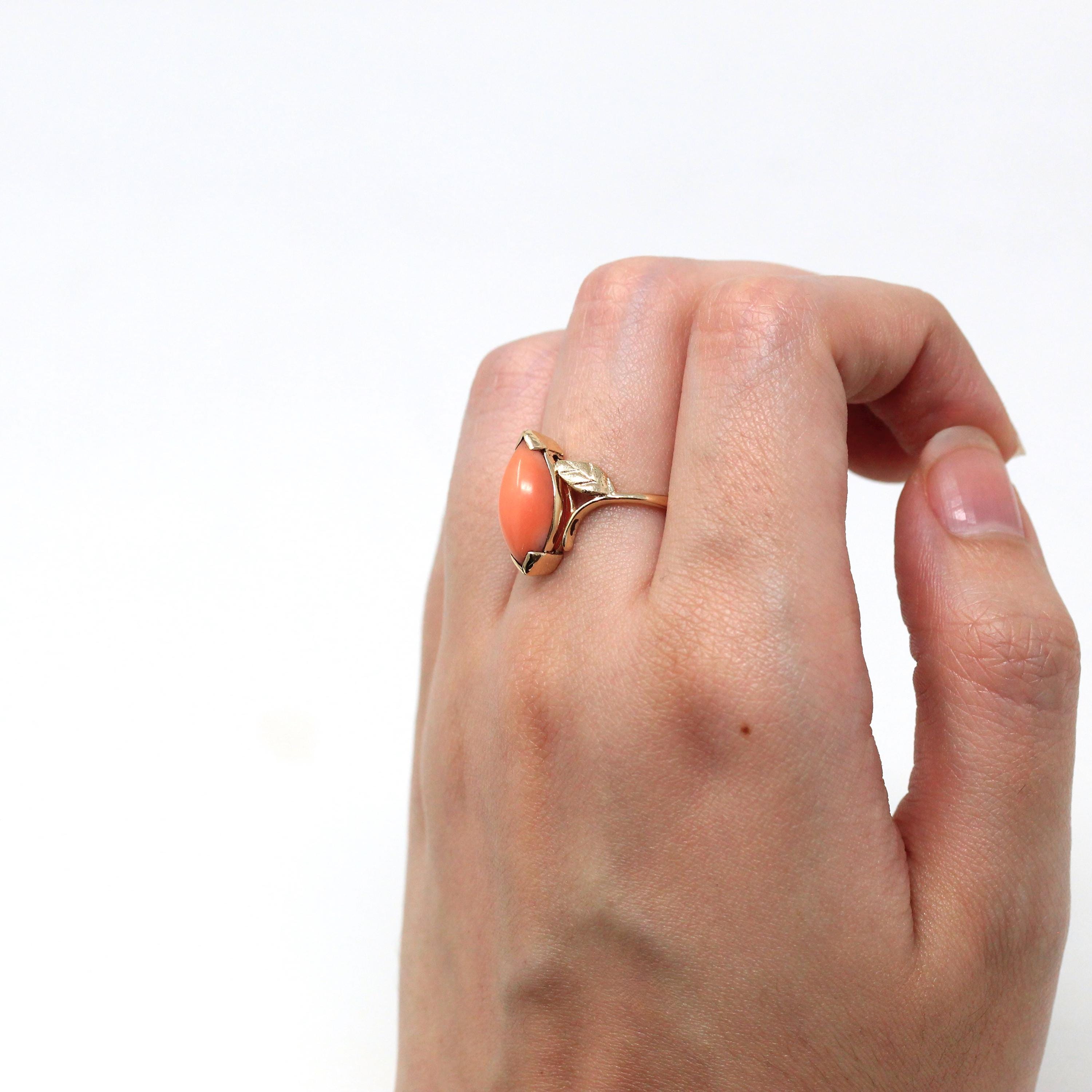 Genuine Coral Ring - Retro 14k Yellow Gold Marquise Cut Organic Gemstone - Vintage Circa 1970s Era Size 7 Statement Leaf Motif 70s Jewelry