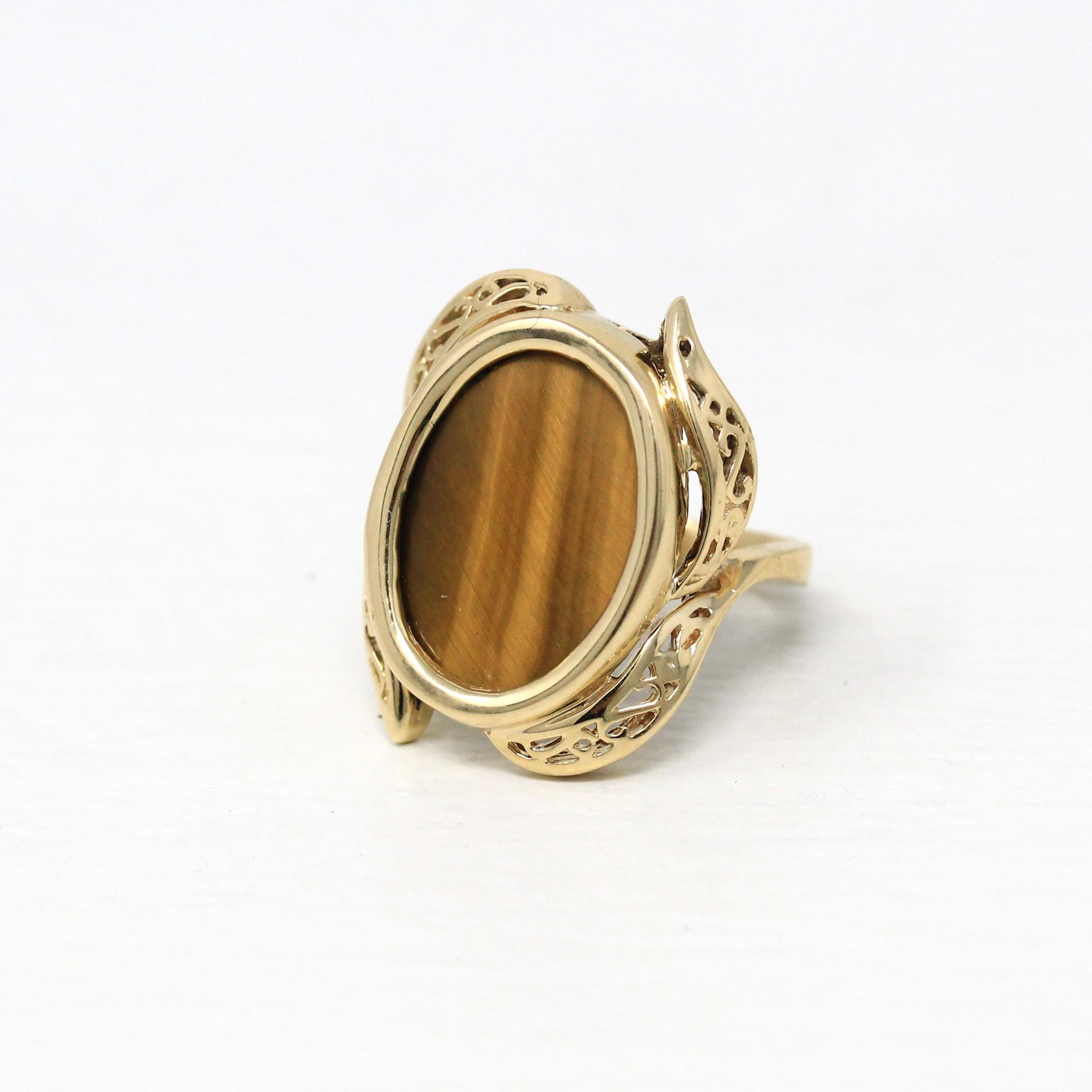 Tiger's Eye Ring - Retro 10k Yellow Gold Genuine Brown Gemstone Statement - Vintage Circa 1970s Era Size 5 3/4 New Old Stock Fine Jewelry