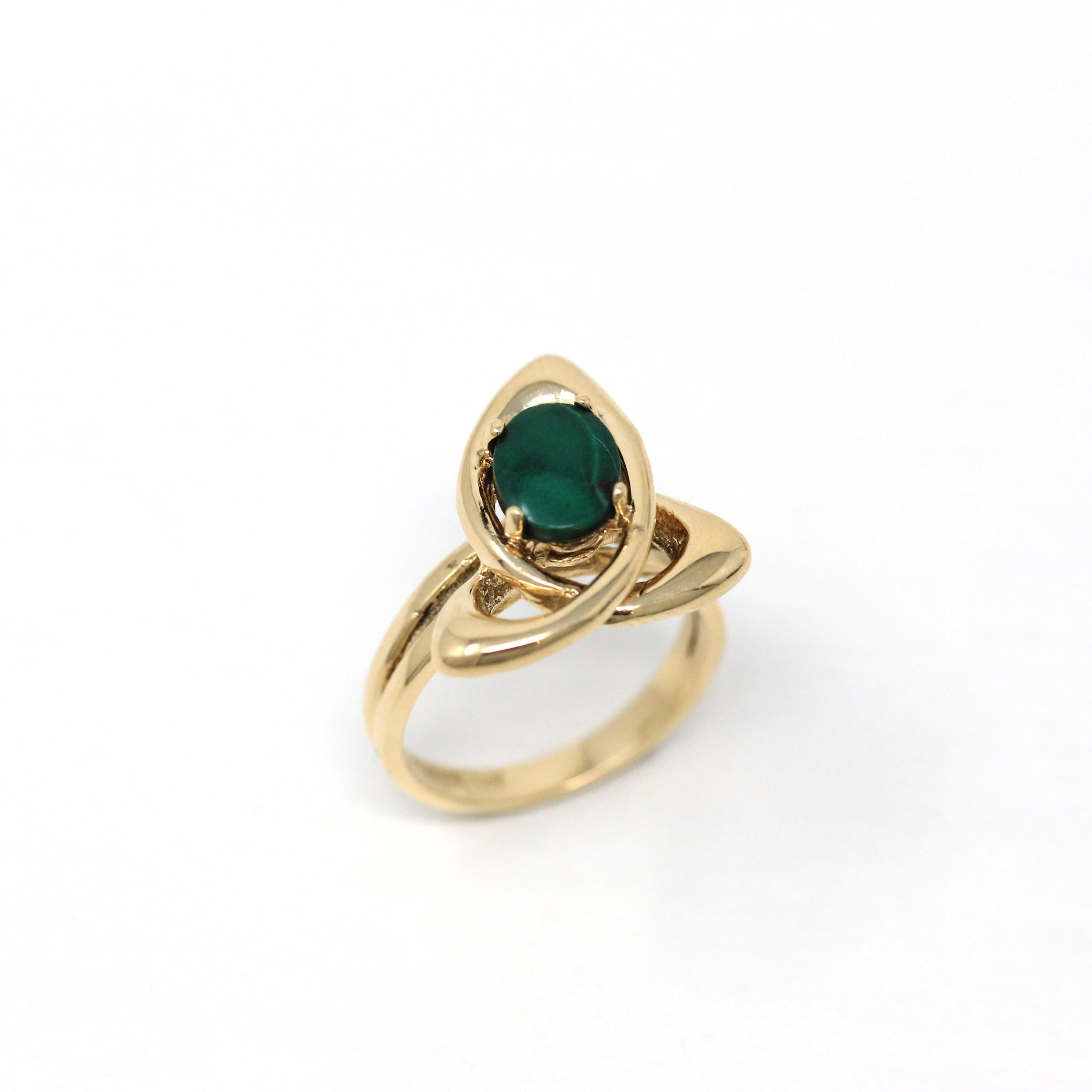 Vintage Malachite Ring - Retro 14k Yellow Gold Genuine Green Gemstone - Vintage Circa 1970s Era Size 5 1/2 New Old Stock Fine 70s Jewelry