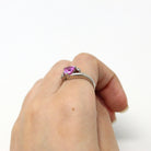 Created Pink Sapphire Ring - Estate 14k White Gold Fancy Cut Statement - Modern Circa 2000 Era Size 5 1/4 Genuine Diamonds Fine Jewelry