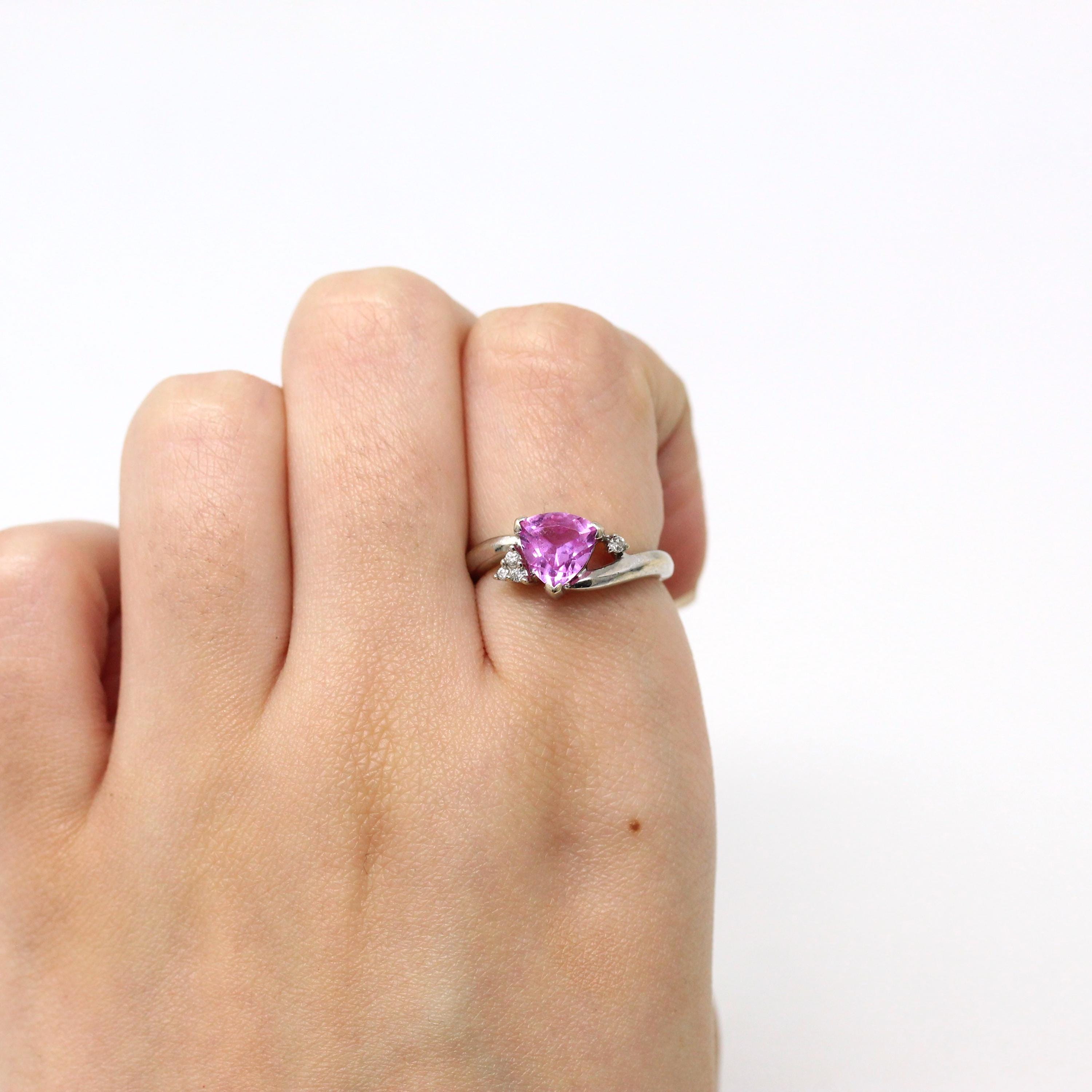 Created Pink Sapphire Ring - Estate 14k White Gold Fancy Cut Statement - Modern Circa 2000 Era Size 5 1/4 Genuine Diamonds Fine Jewelry