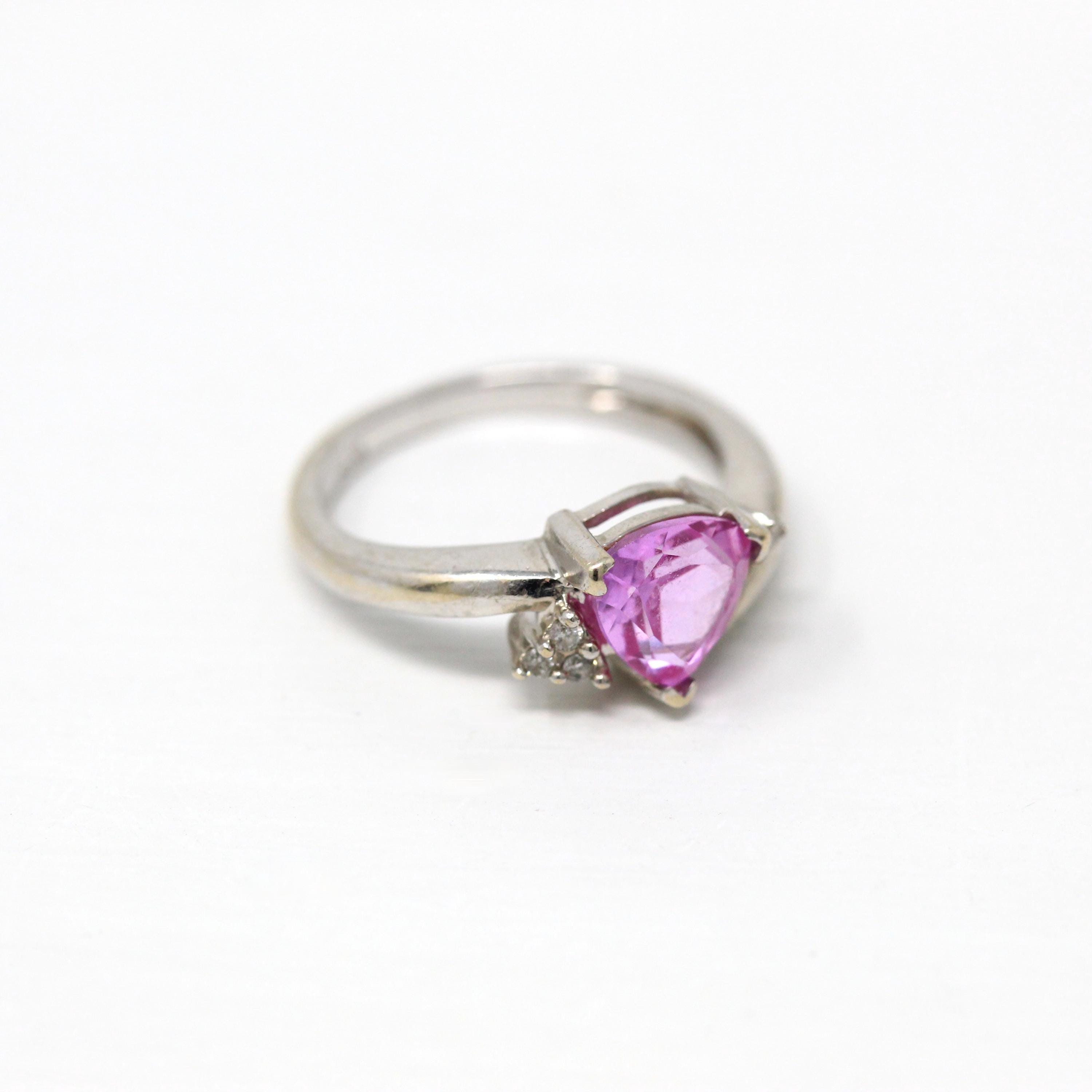 Created Pink Sapphire Ring - Estate 14k White Gold Fancy Cut Statement - Modern Circa 2000 Era Size 5 1/4 Genuine Diamonds Fine Jewelry