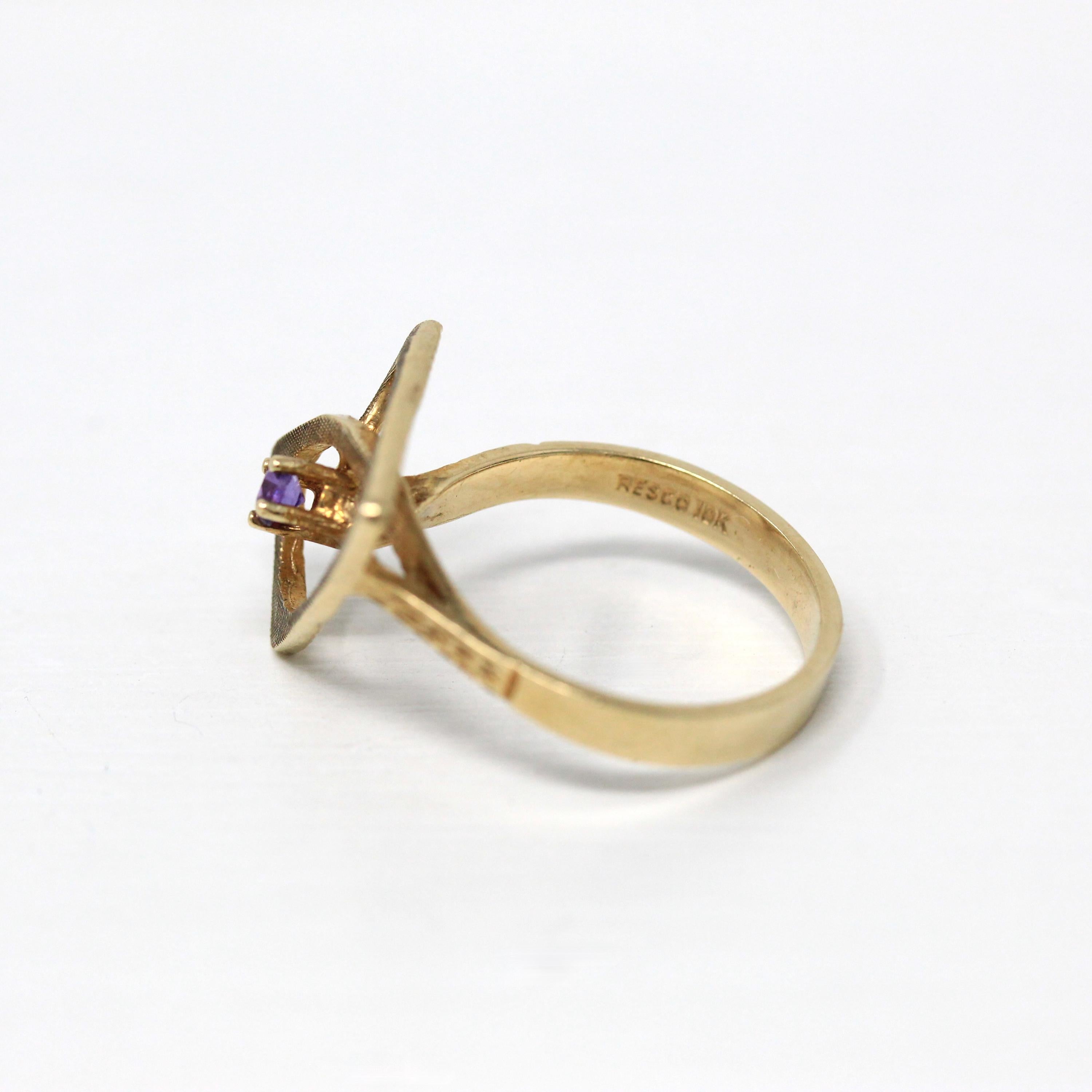 Genuine Amethyst Ring - Retro 10k Yellow Gold Round Faceted Purple Gemstone - Vintage Circa 1970s Era Size 6 1/4 New Old Stock Fine Jewelry