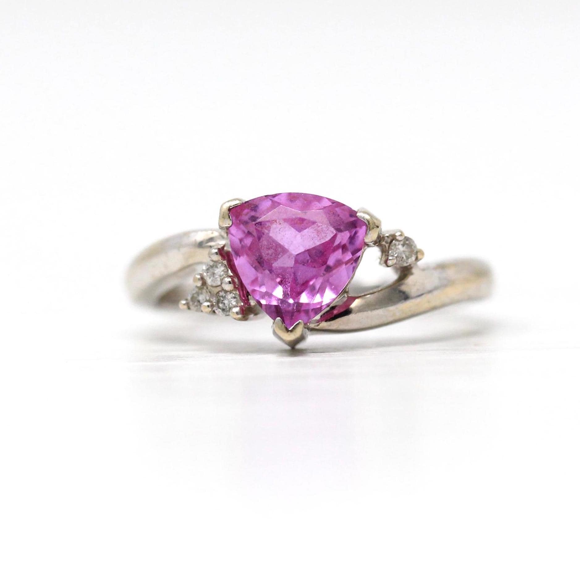 Created Pink Sapphire Ring - Estate 14k White Gold Fancy Cut Statement - Modern Circa 2000 Era Size 5 1/4 Genuine Diamonds Fine Jewelry