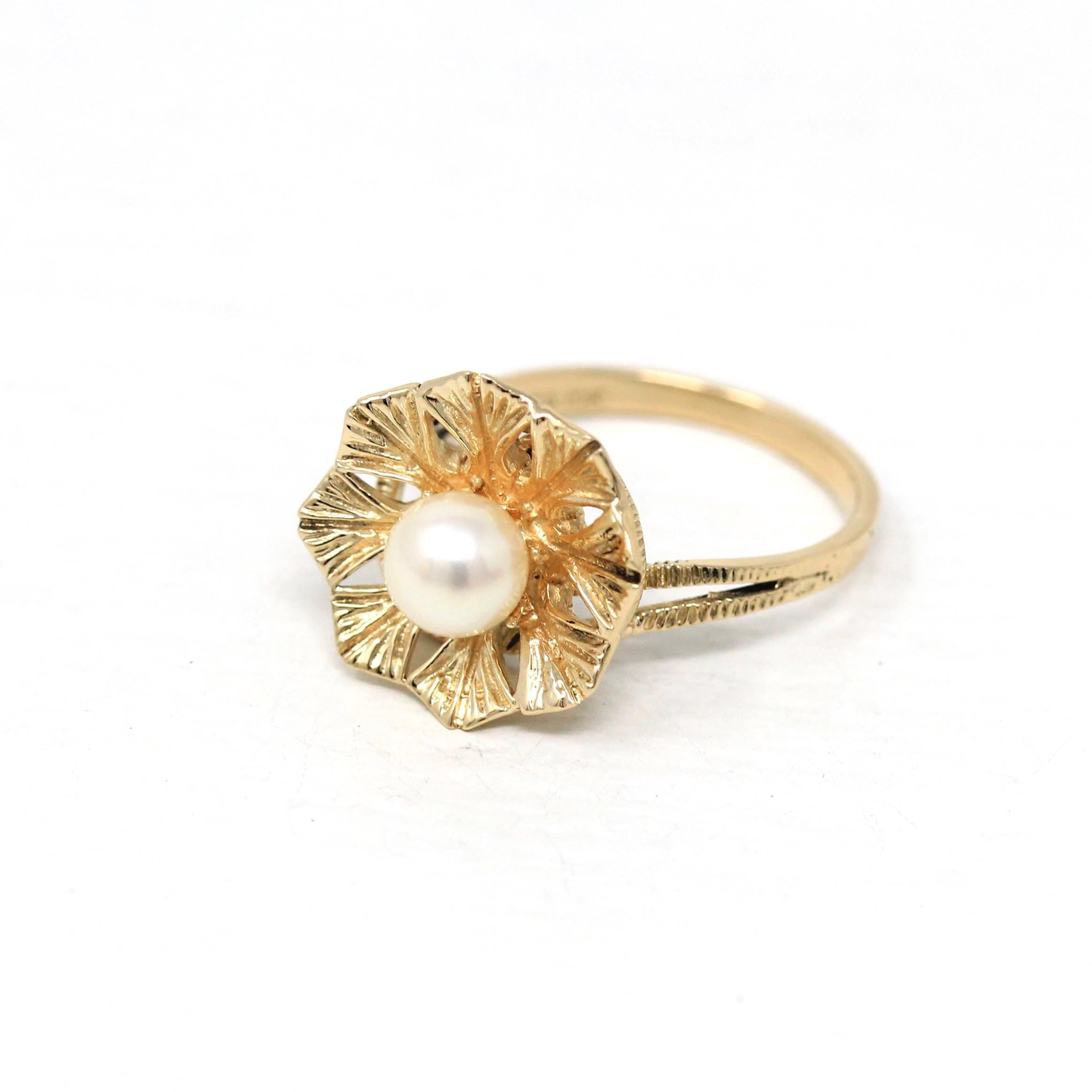 Cultured Pearl Ring - Retro 10k Yellow Gold Round White Gem - Vintage Circa 1970s Era Size 6 New Old Stock Statement Flower June Jewelry