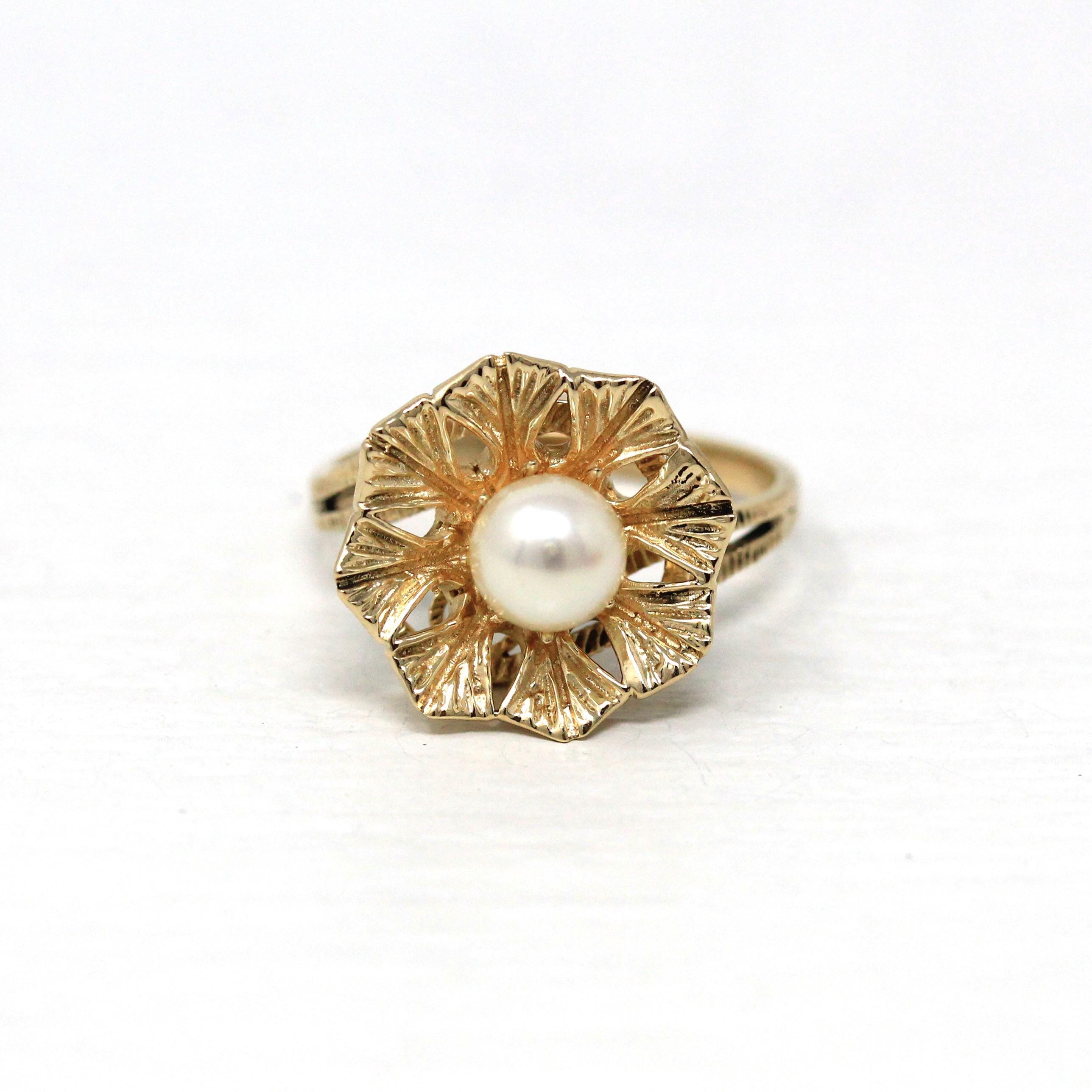 Cultured Pearl Ring - Retro 10k Yellow Gold Round White Gem - Vintage Circa 1970s Era Size 6 New Old Stock Statement Flower June Jewelry