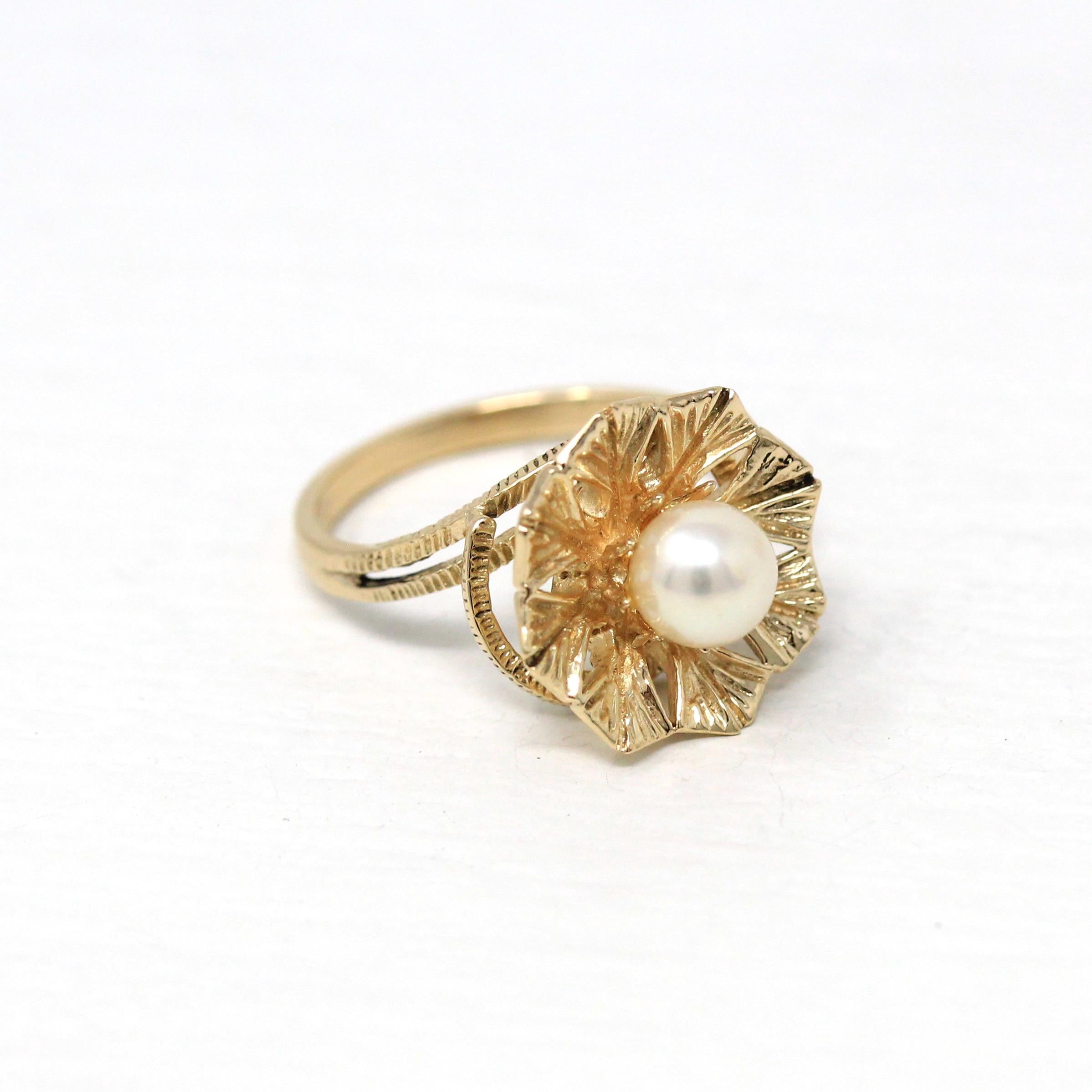 Cultured Pearl Ring - Retro 10k Yellow Gold Round White Gem - Vintage Circa 1970s Era Size 6 New Old Stock Statement Flower June Jewelry