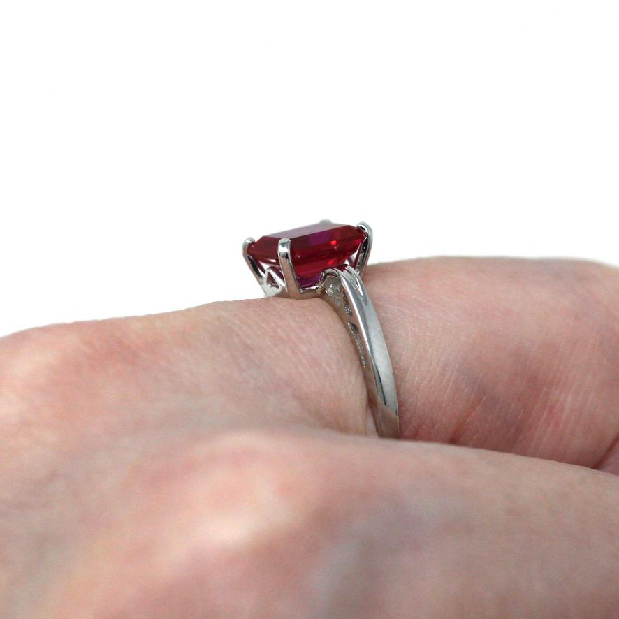 Created Ruby Ring - Retro 10k White Gold Rectangular Faceted 2.00 CT Red Stone - Vintage Circa 1960s Era Size 6 New Old Stock Fine Jewelry