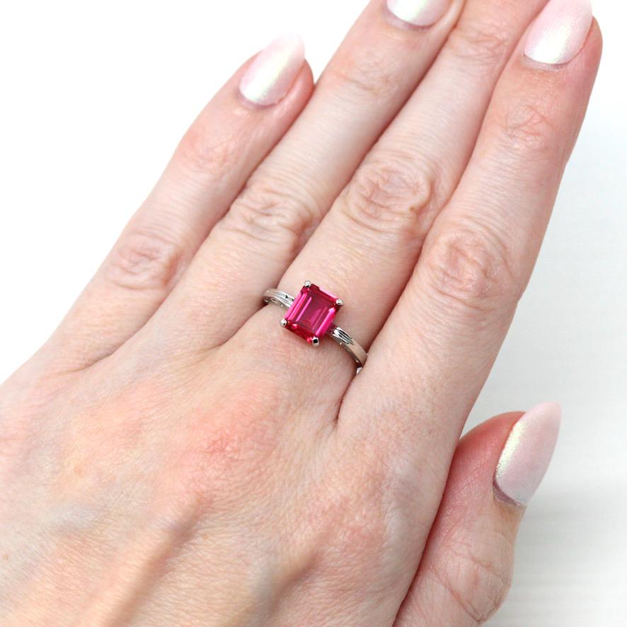 Created Ruby Ring - Retro 10k White Gold Rectangular Faceted 2.00 CT Red Stone - Vintage Circa 1960s Era Size 6 New Old Stock Fine Jewelry