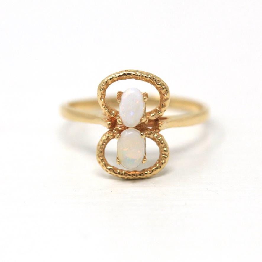 Vintage Opal Ring - 14k Yellow Gold Oval Cabochon Cut Genuine Gemstones - 1960s Retro Size 7 October New Old Stock Figure Eight Fine Jewelry