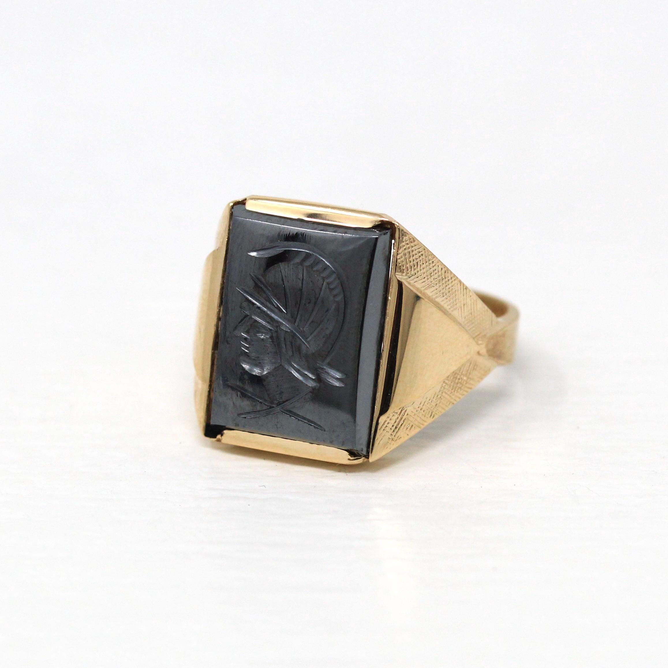 Vintage Hematite Ring - Retro 10k Yellow Gold Intaglio Carved Gray Roman Gem Warrior - Circa 1960s Size 10 New Old Stock Statement Jewelry