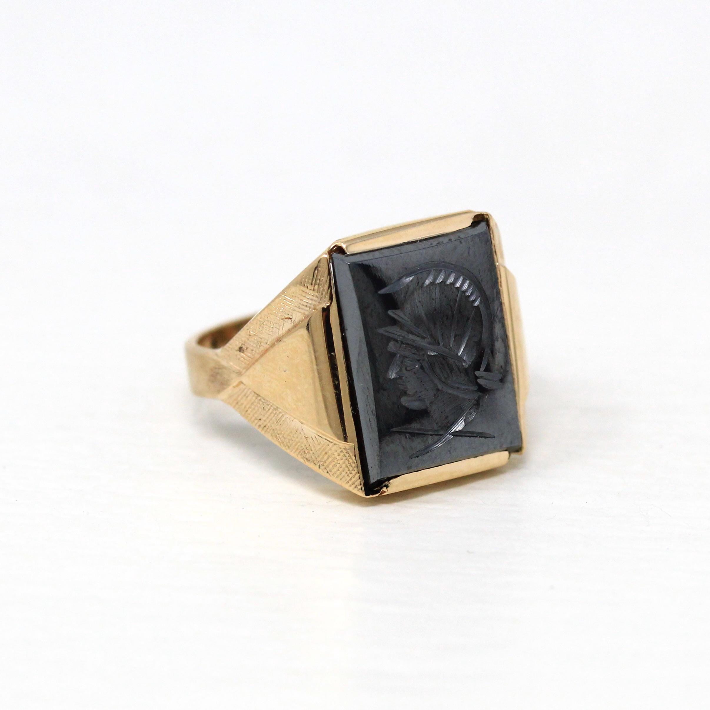 Vintage Hematite Ring - Retro 10k Yellow Gold Intaglio Carved Gray Roman Gem Warrior - Circa 1960s Size 10 New Old Stock Statement Jewelry