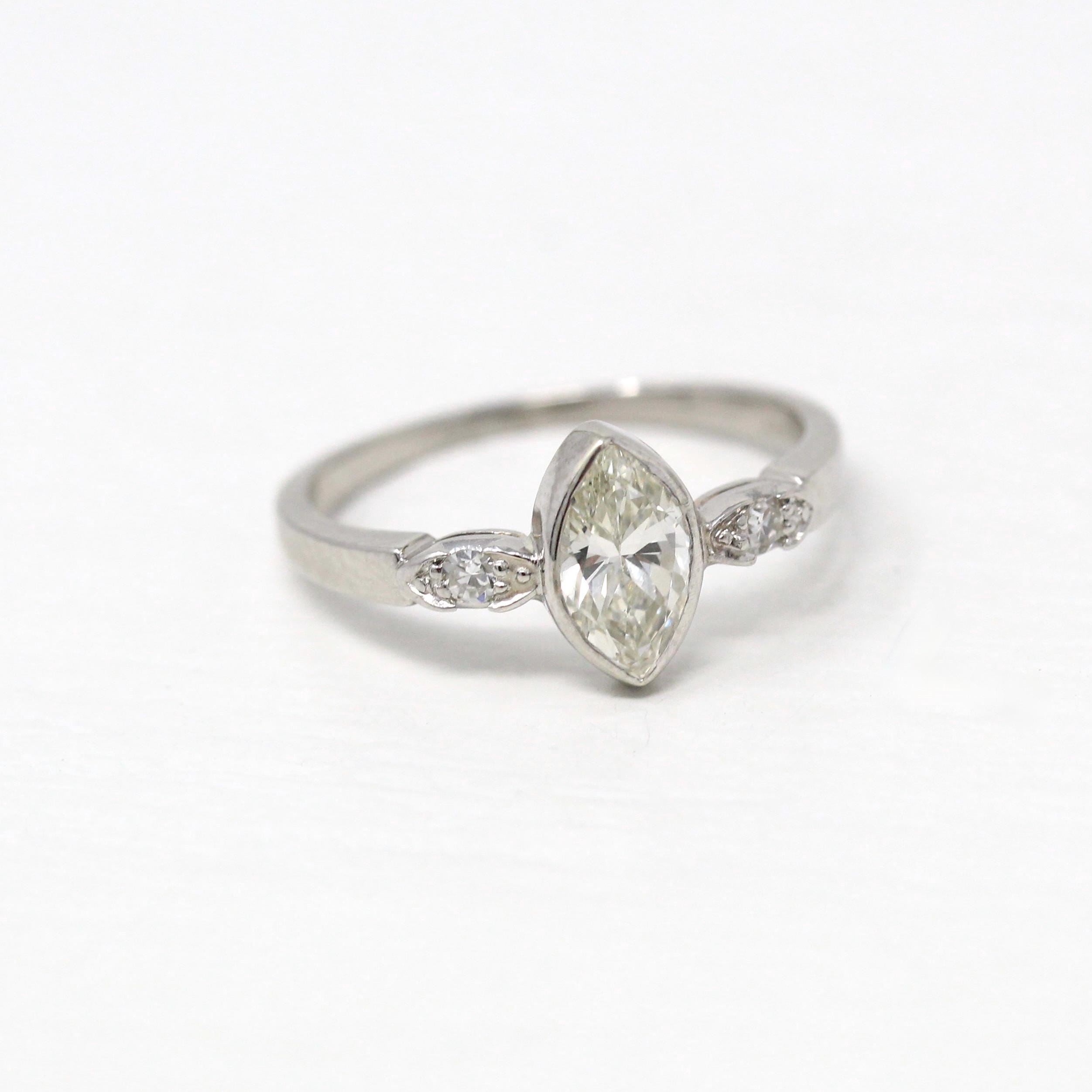 Vintage Marquise Diamond Ring - Mid Century Platinum .73 CTW Diamond Engagement - Circa 1950s Size 6.75 Rare Bridal Jewelry W/ Report