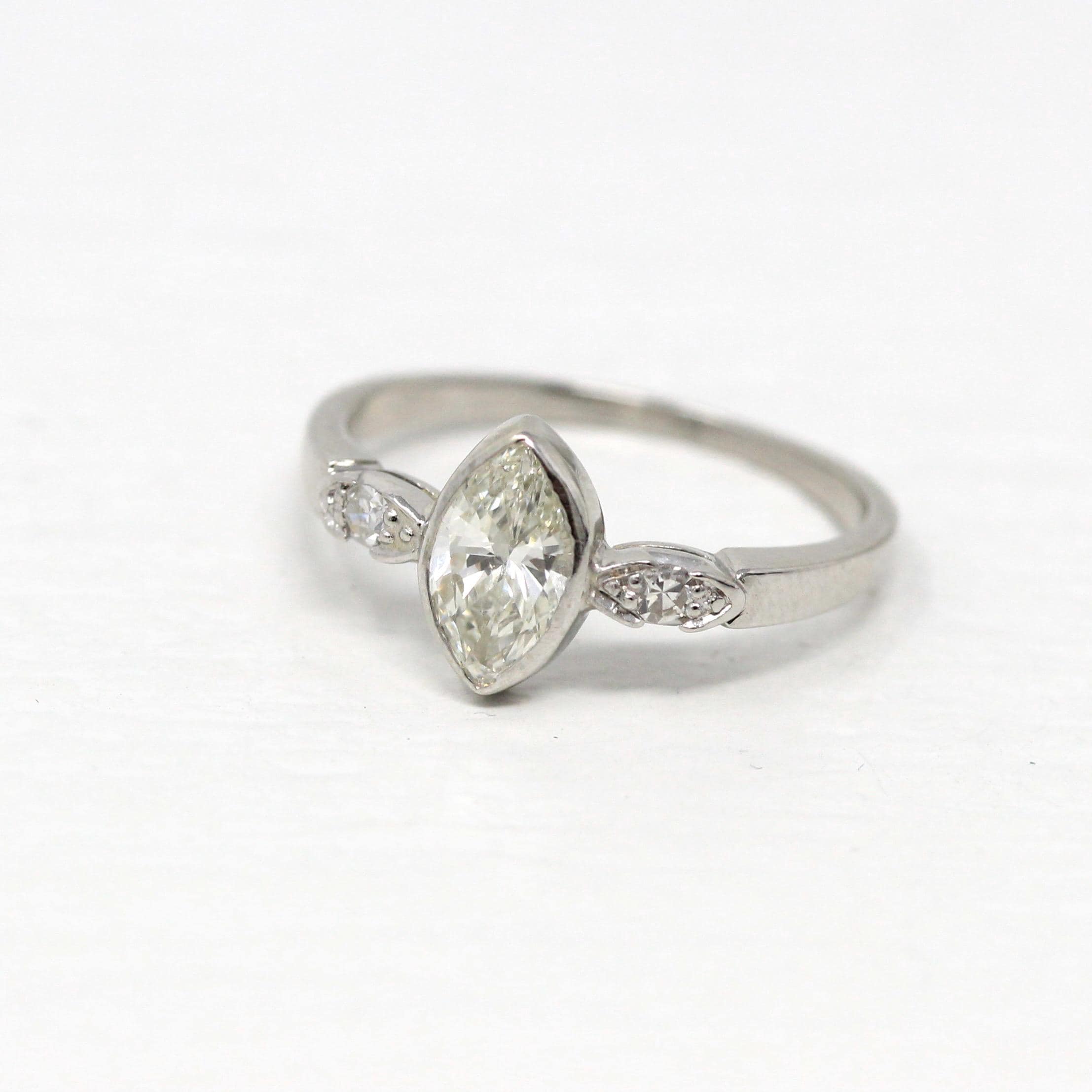 Vintage Marquise Diamond Ring - Mid Century Platinum .73 CTW Diamond Engagement - Circa 1950s Size 6.75 Rare Bridal Jewelry W/ Report