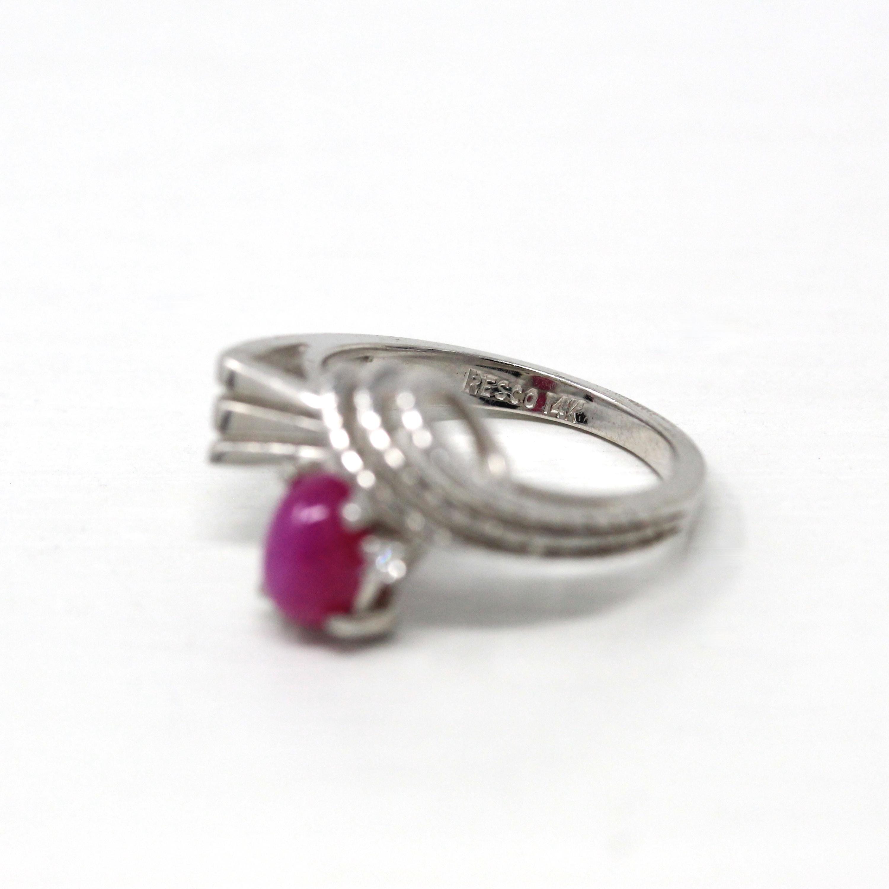 Created Pink Star Sapphire Ring - Retro 14k White Gold Cabochon Cut Gemstone - Vintage Circa 1960s Era Size 5 3/4 Diamond Fine 60s Jewelry