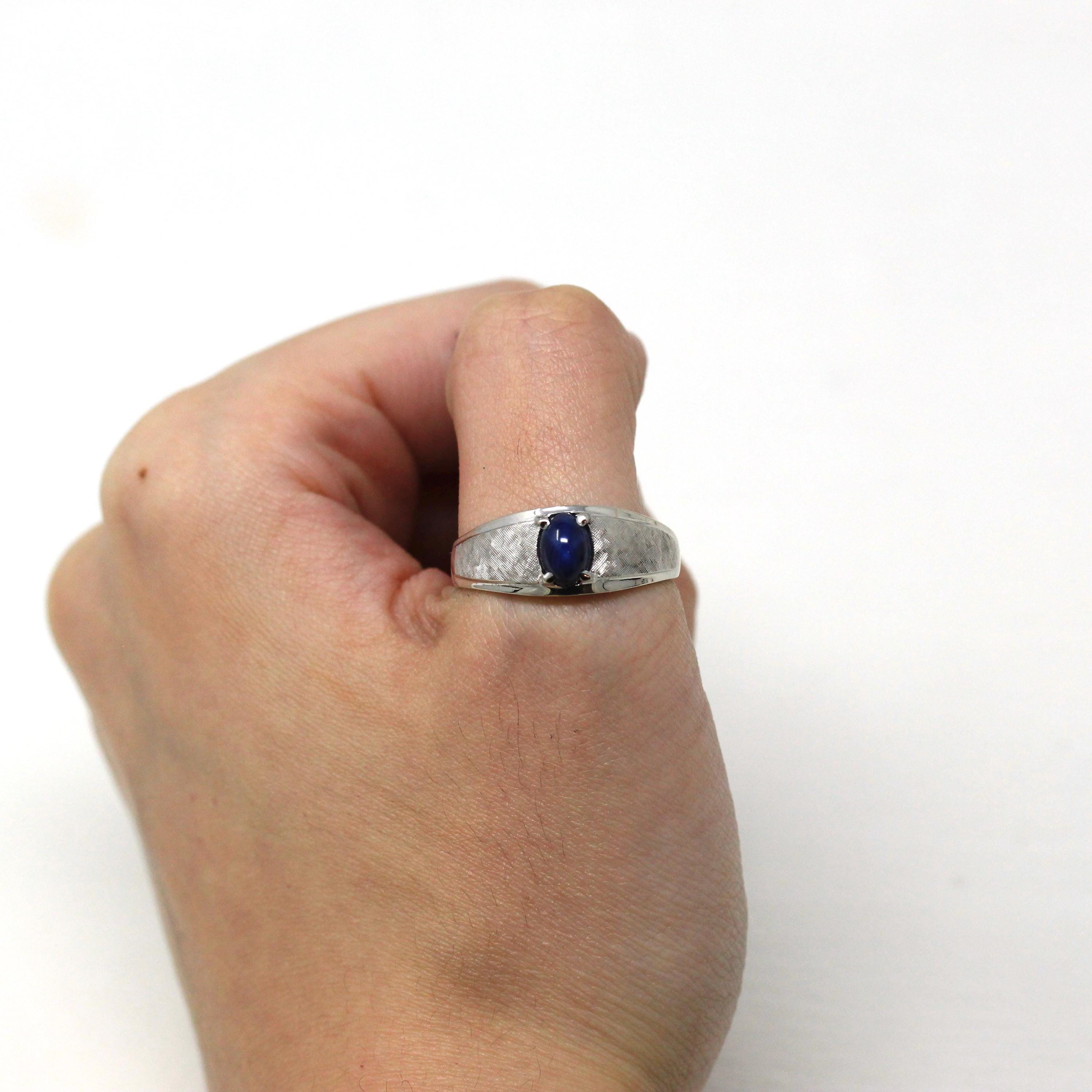 Created Star Sapphire Ring - Retro 10k White Gold Blue Stone - Vintage Circa 1960s Size 10 1/4 September Birthstone New Old Stock Jewelry