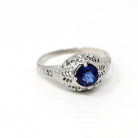 Genuine Sapphire Ring - Art Deco 18k White Gold Round Faceted .88 CT Blue Gemstone - Vintage 1930s Era Size 6 Solitaire Fine 30s Jewelry