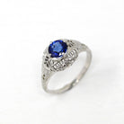 Genuine Sapphire Ring - Art Deco 18k White Gold Round Faceted .88 CT Blue Gemstone - Vintage 1930s Era Size 6 Solitaire Fine 30s Jewelry