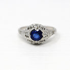 Genuine Sapphire Ring - Art Deco 18k White Gold Round Faceted .88 CT Blue Gemstone - Vintage 1930s Era Size 6 Solitaire Fine 30s Jewelry