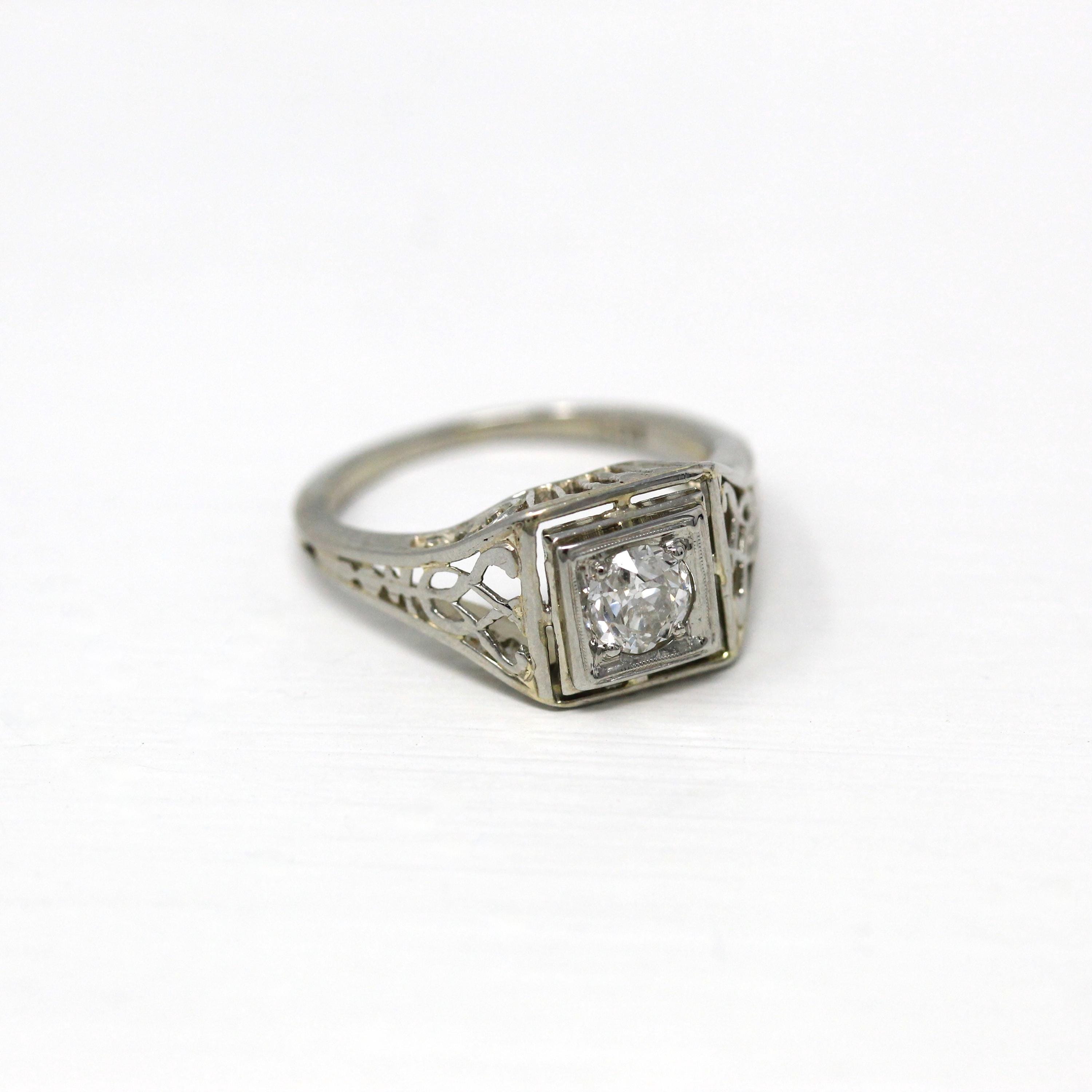 Genuine Diamond Ring - Art Deco 18k White Gold .38 CT Old European Cut Gemstone - Vintage Circa 1930s Era Engagement Filigree Fine Jewelry