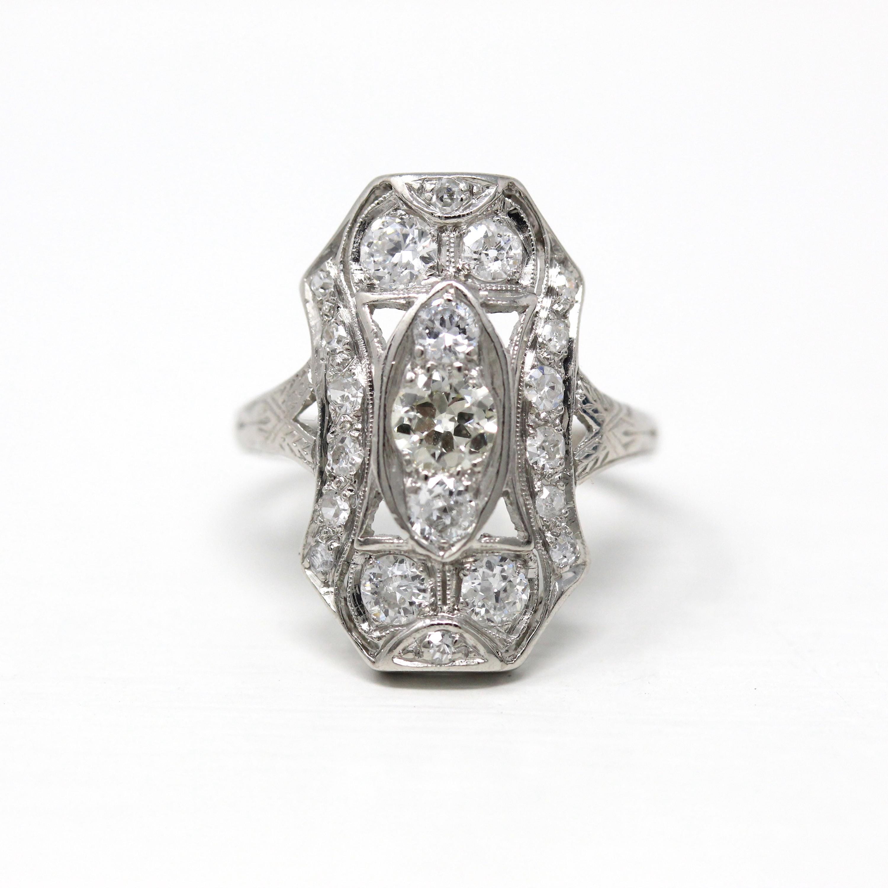 Vintage Shield Ring - Art Deco Platinum Genuine 1.03 CTW Diamonds Cluster - Circa 1920s Era Size 5 3/4 Fine Filigree Statement 20s Jewelry