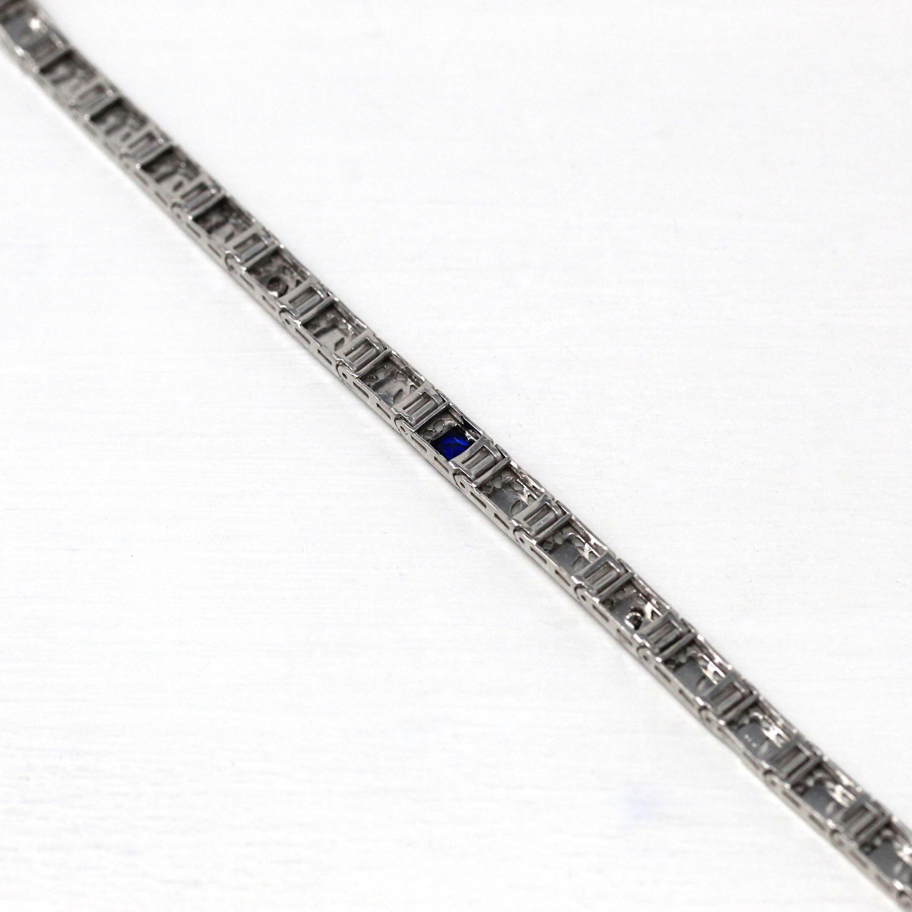 Art Deco Bracelet - Vintage Platinum & 14k White Gold Created Sapphire Diamonds - Circa 1930s Era Line Tennis Fashion Accessory Fine Jewelry