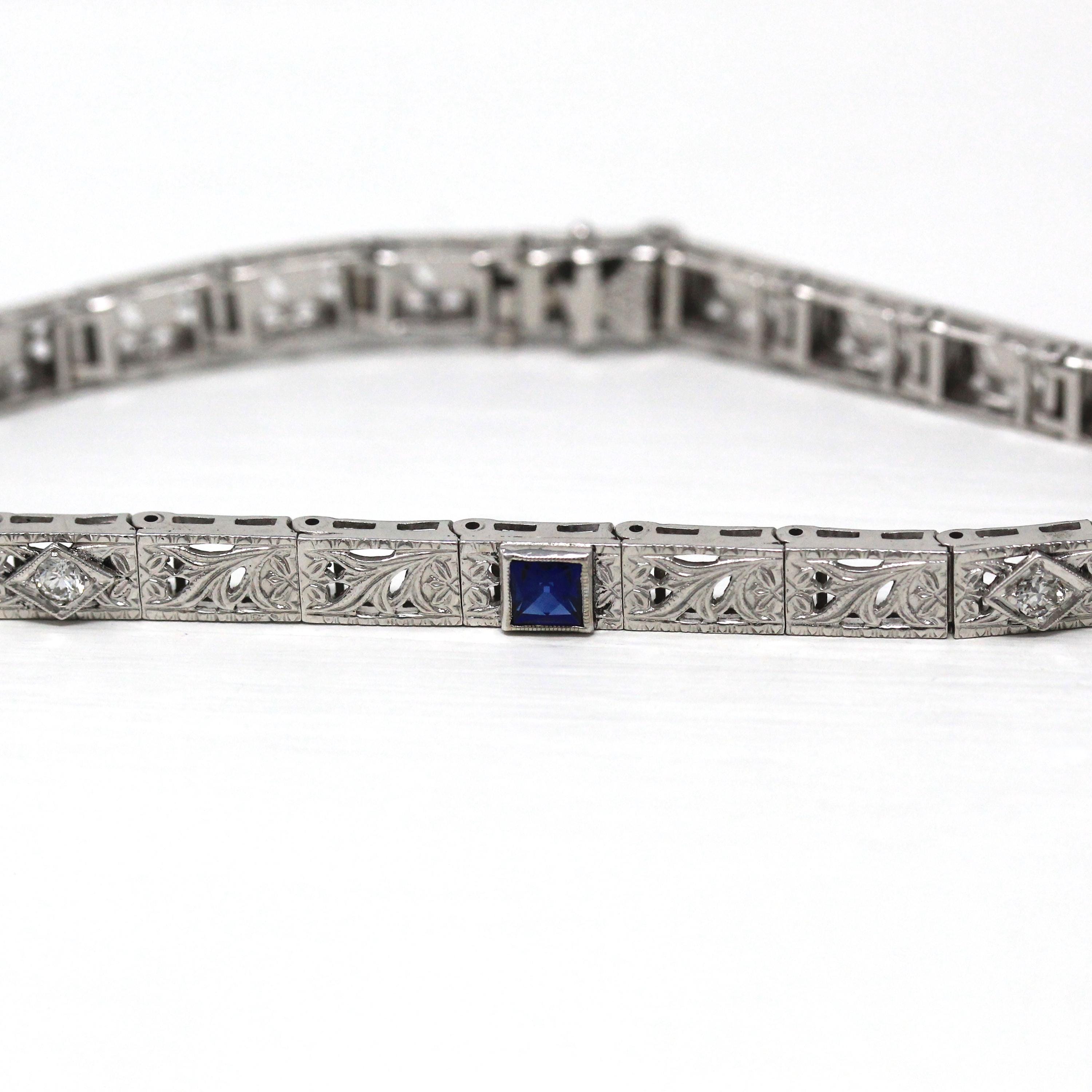 Art Deco Bracelet - Vintage Platinum & 14k White Gold Created Sapphire Diamonds - Circa 1930s Era Line Tennis Fashion Accessory Fine Jewelry