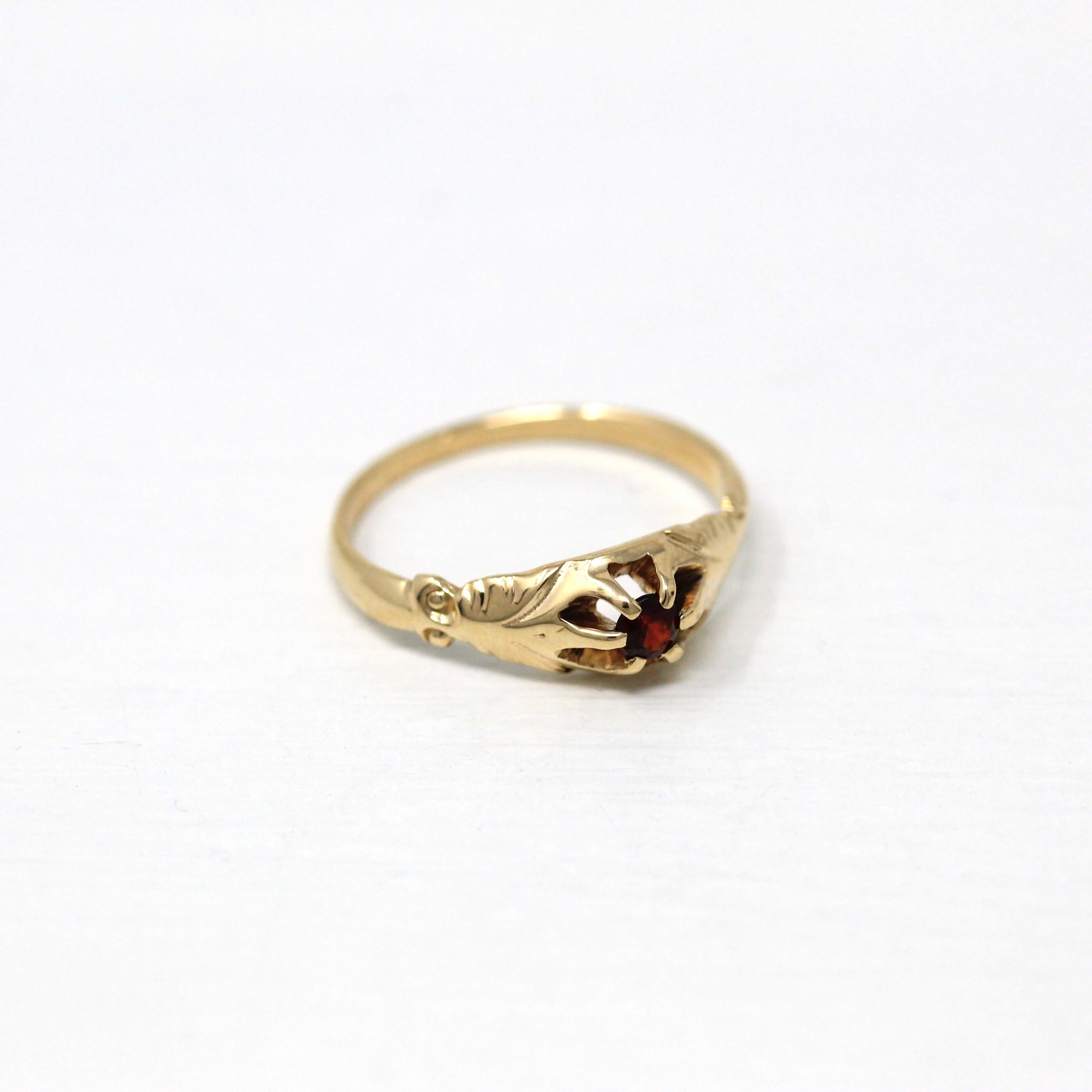 Genuine Garnet Ring - Edwardian 14k Yellow Gold Round Faceted Red Gemstone - Antique Circa 1910s Era Size 6 1/4 Solitaire Belcher Jewelry