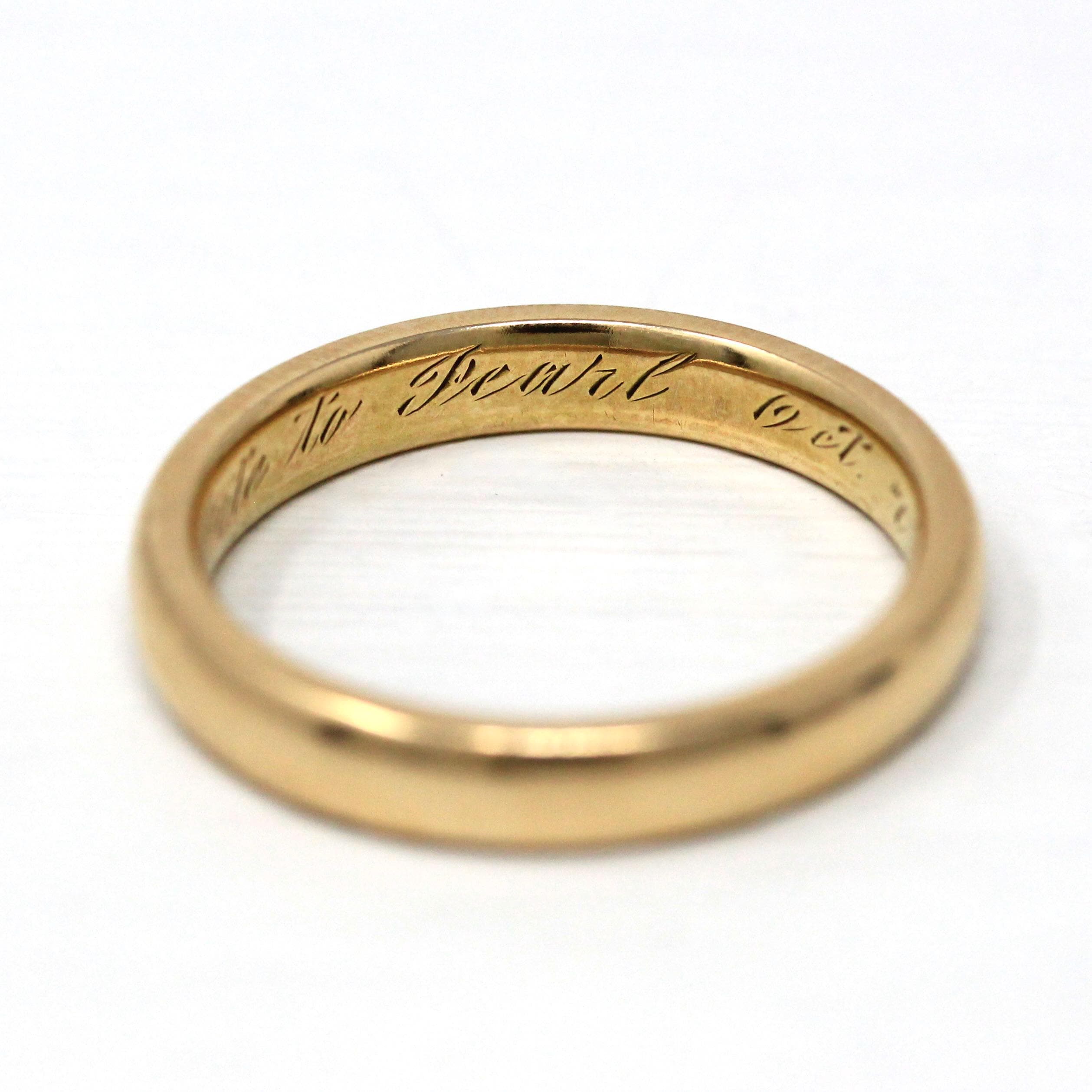 Dated 1914 Band - Edwardian 14k Yellow Gold Engraved "Pete to Pearl Oct. 7 14. Mizpah" Ring - Antique Size 8 Stacking Fine Wedding Jewelry