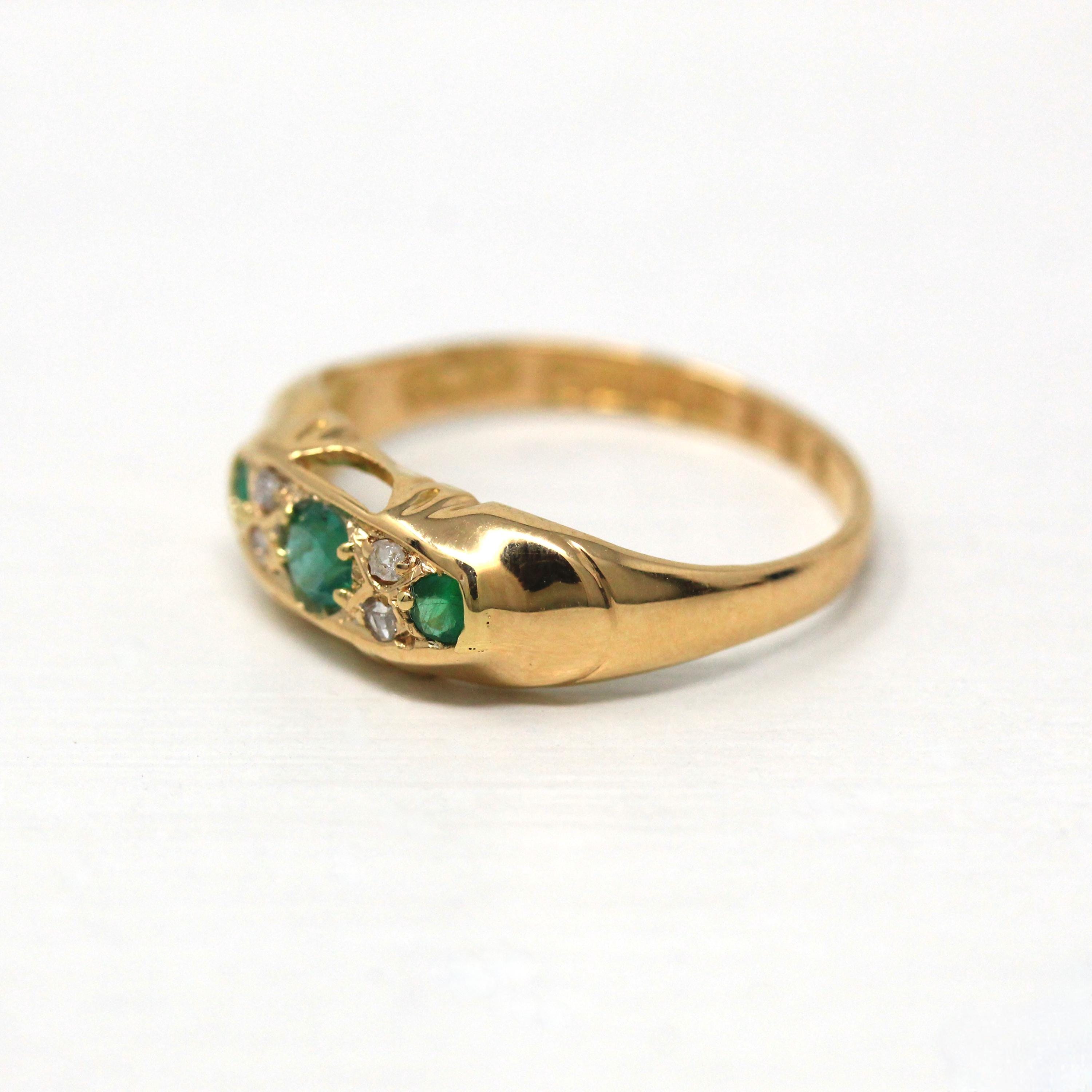 Antique Gem Band - Victorian 18k Yellow Gold Genuine Emerald & Diamond Ring - Vintage English Hallmarked 1918 Size 6 Fine Jewelry