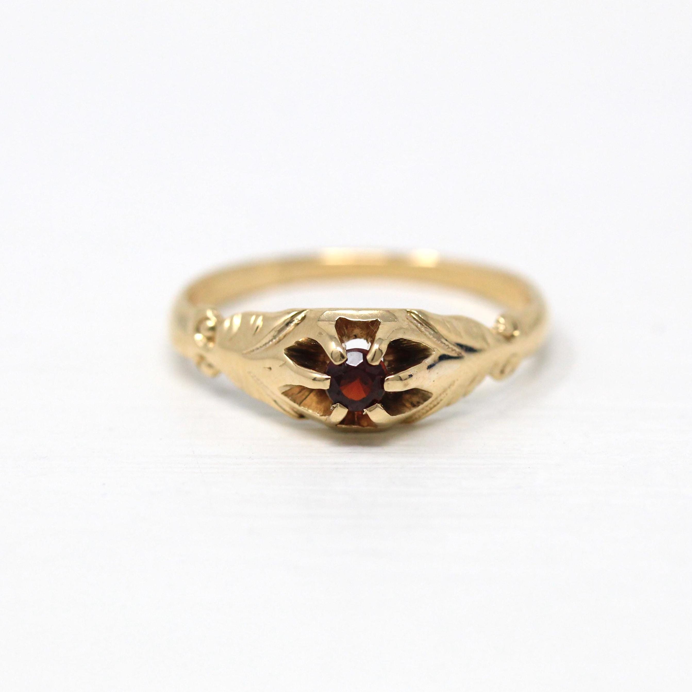 Genuine Garnet Ring - Edwardian 14k Yellow Gold Round Faceted Red Gemstone - Antique Circa 1910s Era Size 6 1/4 Solitaire Belcher Jewelry