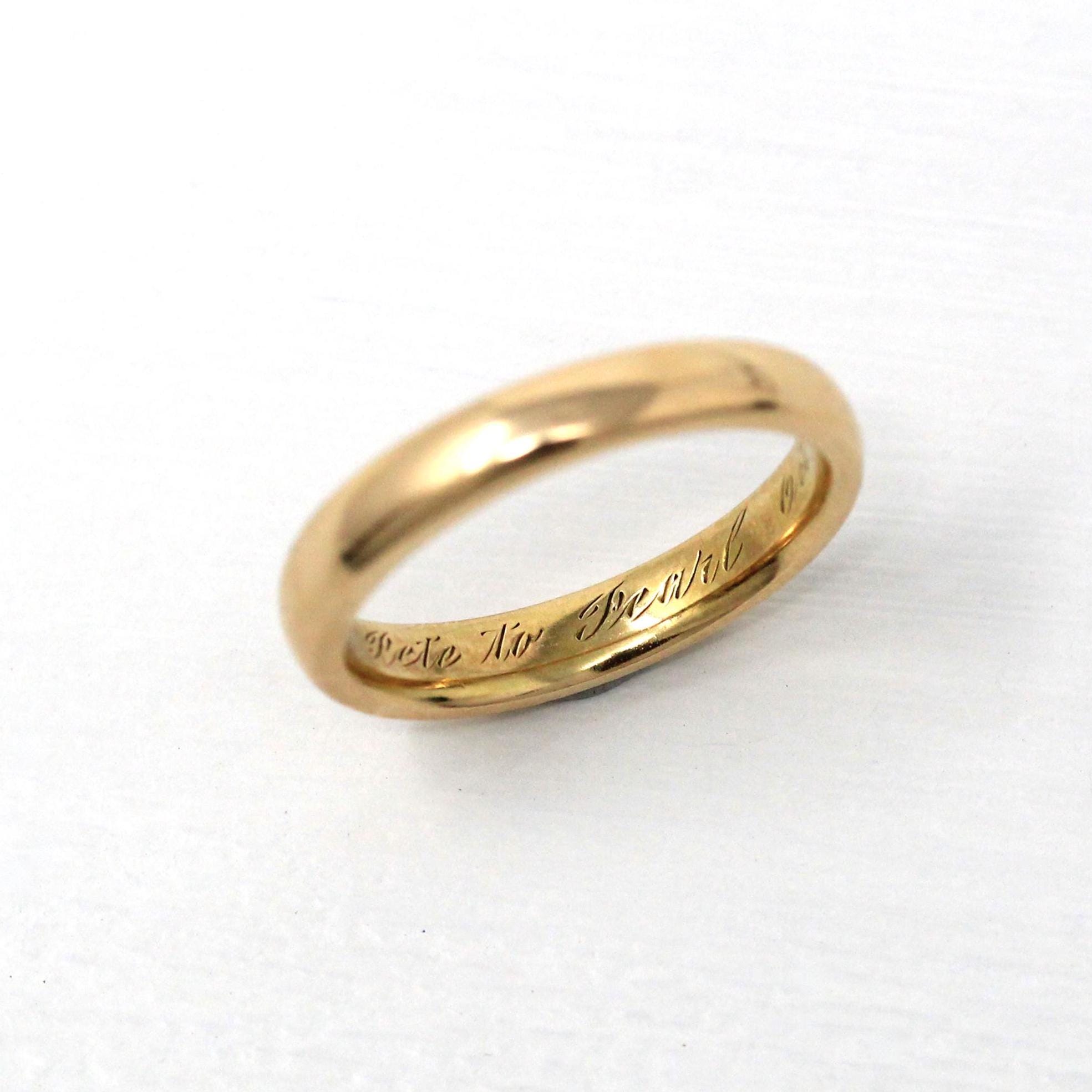 Dated 1914 Band - Edwardian 14k Yellow Gold Engraved "Pete to Pearl Oct. 7 14. Mizpah" Ring - Antique Size 8 Stacking Fine Wedding Jewelry