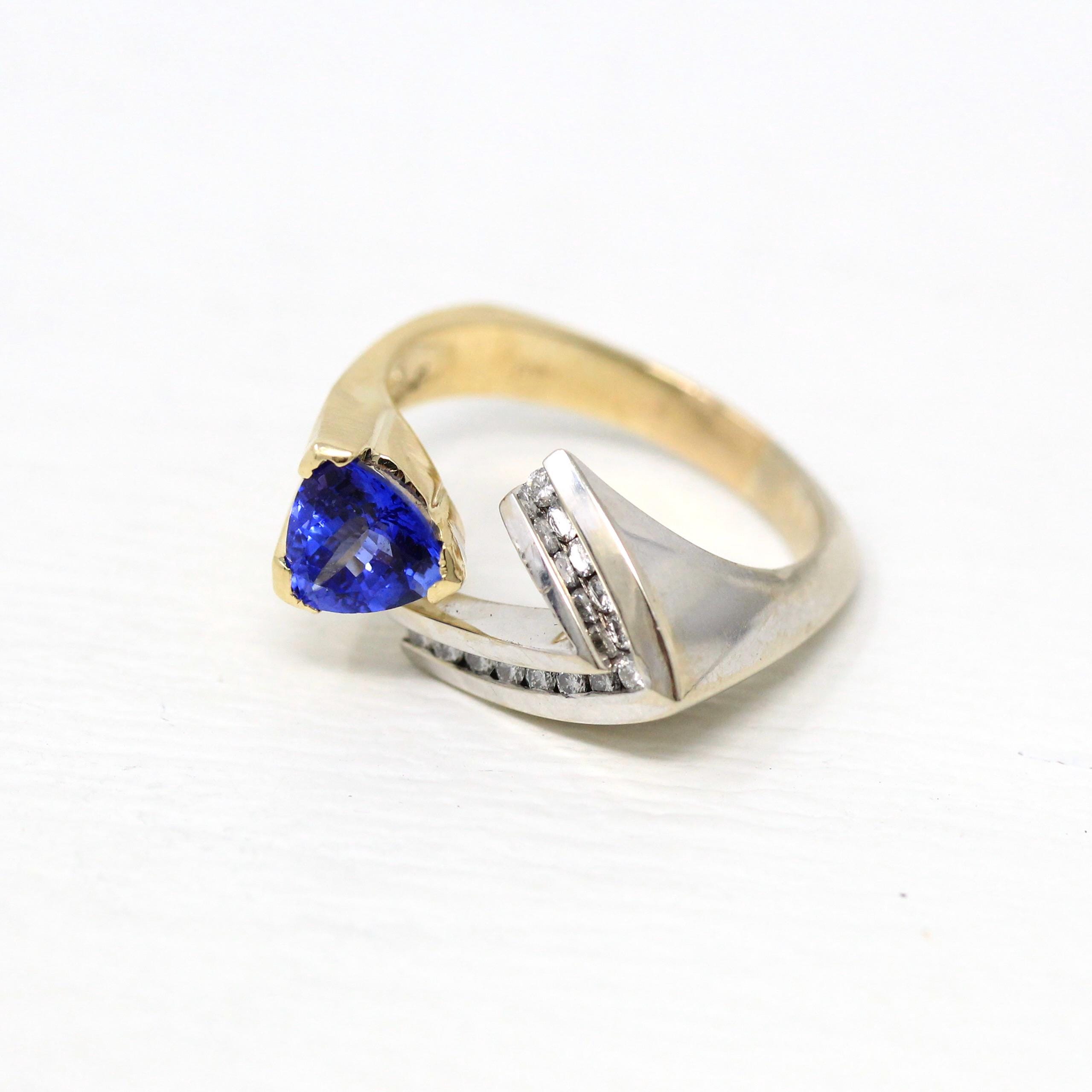 Genuine Tanzanite Ring - Modern 14k Yellow & White Gold Trilliant Cut .90 CT Gem - Estate Circa 2000s Era Size 8 Diamonds Fine Jewelry