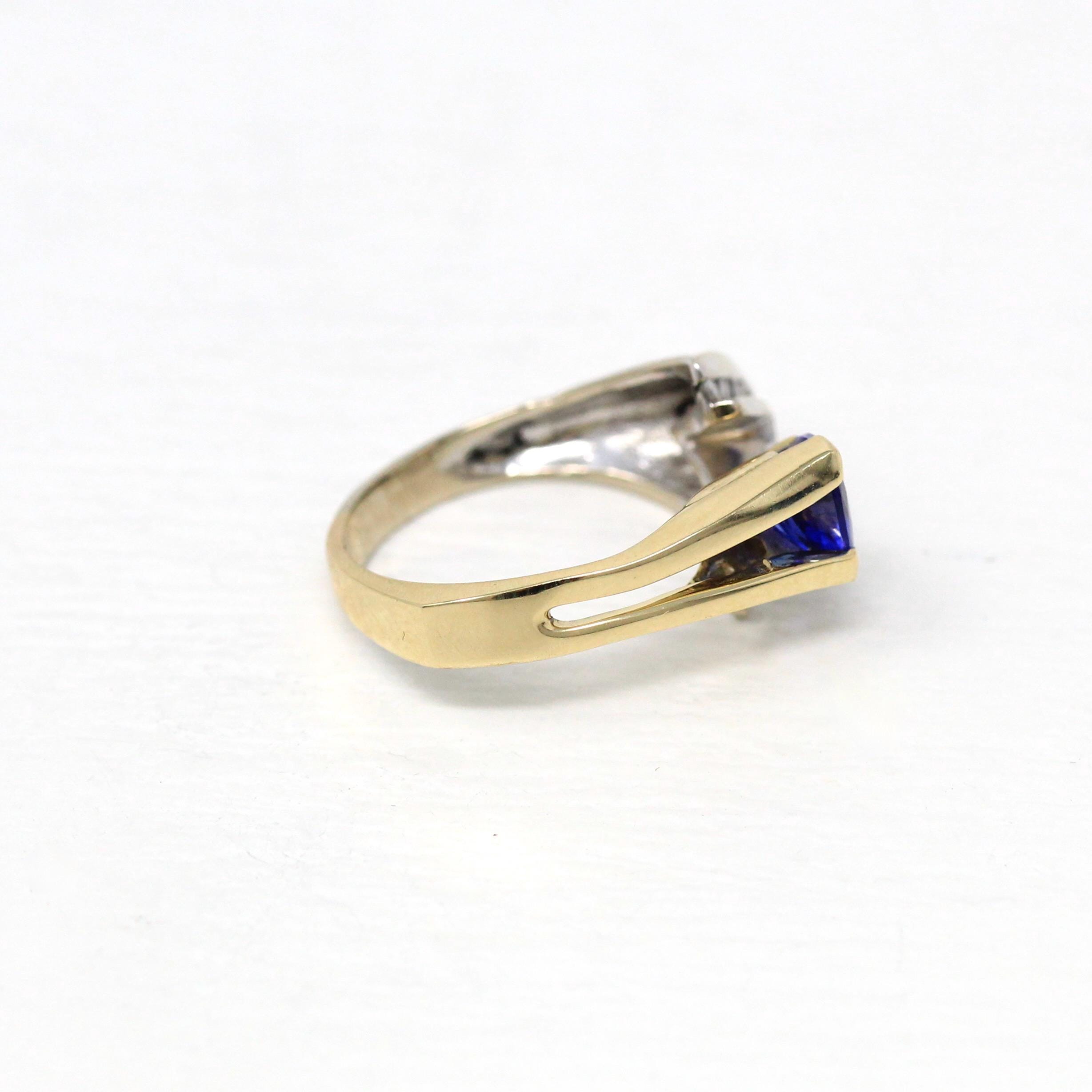 Genuine Tanzanite Ring - Modern 14k Yellow & White Gold Trilliant Cut .90 CT Gem - Estate Circa 2000s Era Size 8 Diamonds Fine Jewelry