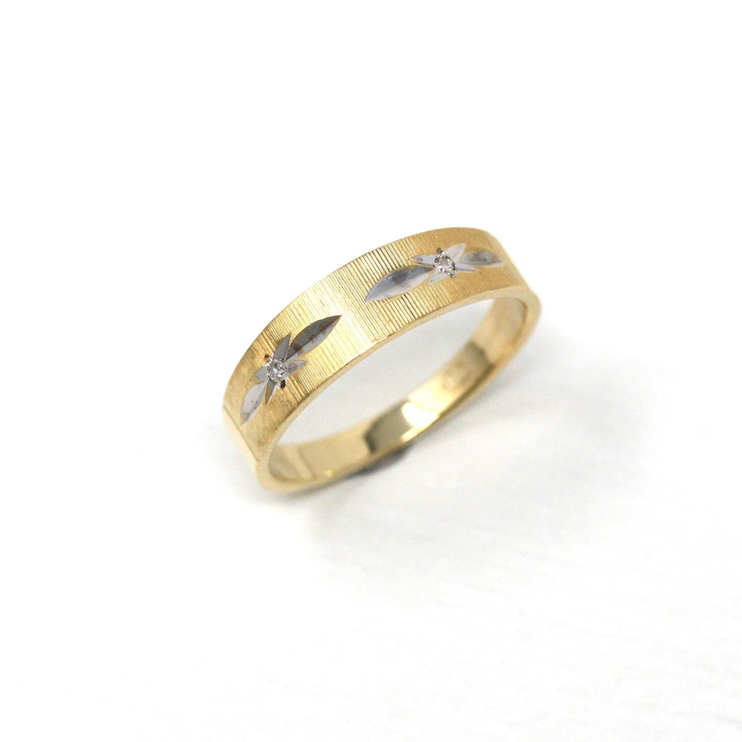 Vintage Wedding Band - Retro 14k Yellow & White Gold .01 CTW Diamonds Star Ring - Circa 1960s Era Size 10 Stacking Fine Celestial Jewelry