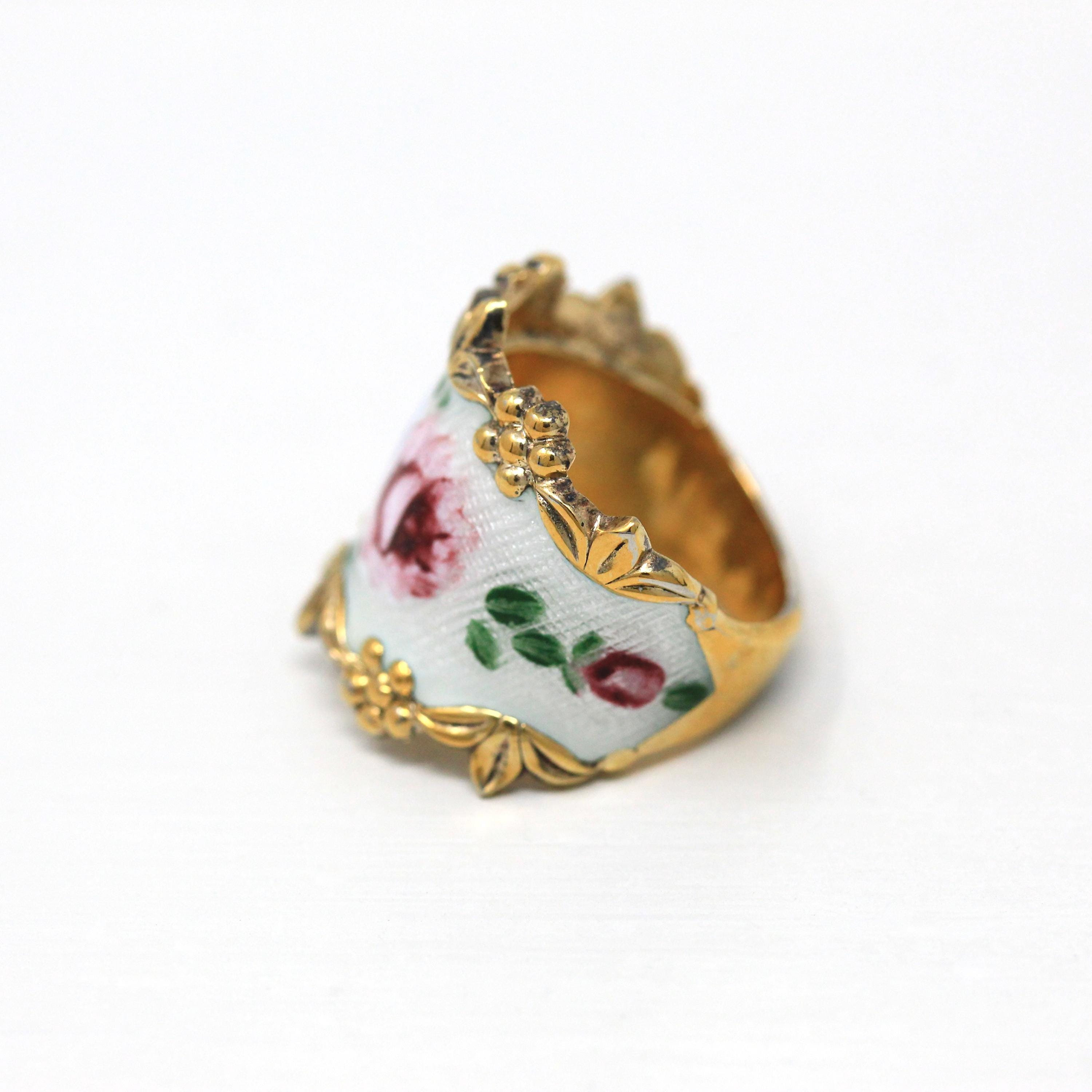 Vintage Flower Band - Retro Gold Washed Sterling Silver Guilloché White Enamel Wide Cigar Ring - Circa 1960s Size 4.75 Vargas Floral Jewelry