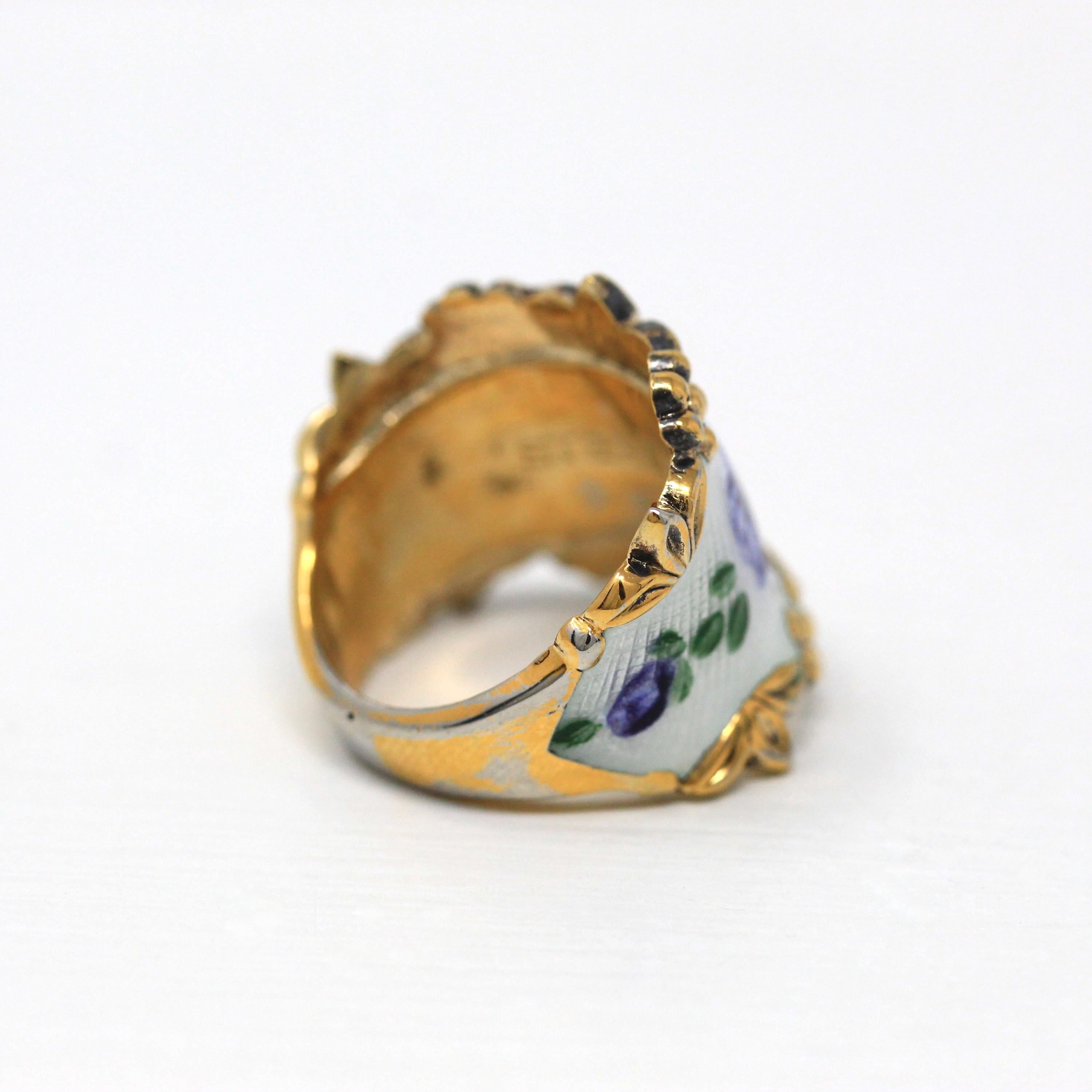 Vintage Flower Band - Retro Gold Washed Sterling Silver Guilloché White Enamel Wide Cigar Ring - Circa 1960s Size 4.75 Vargas Floral Jewelry