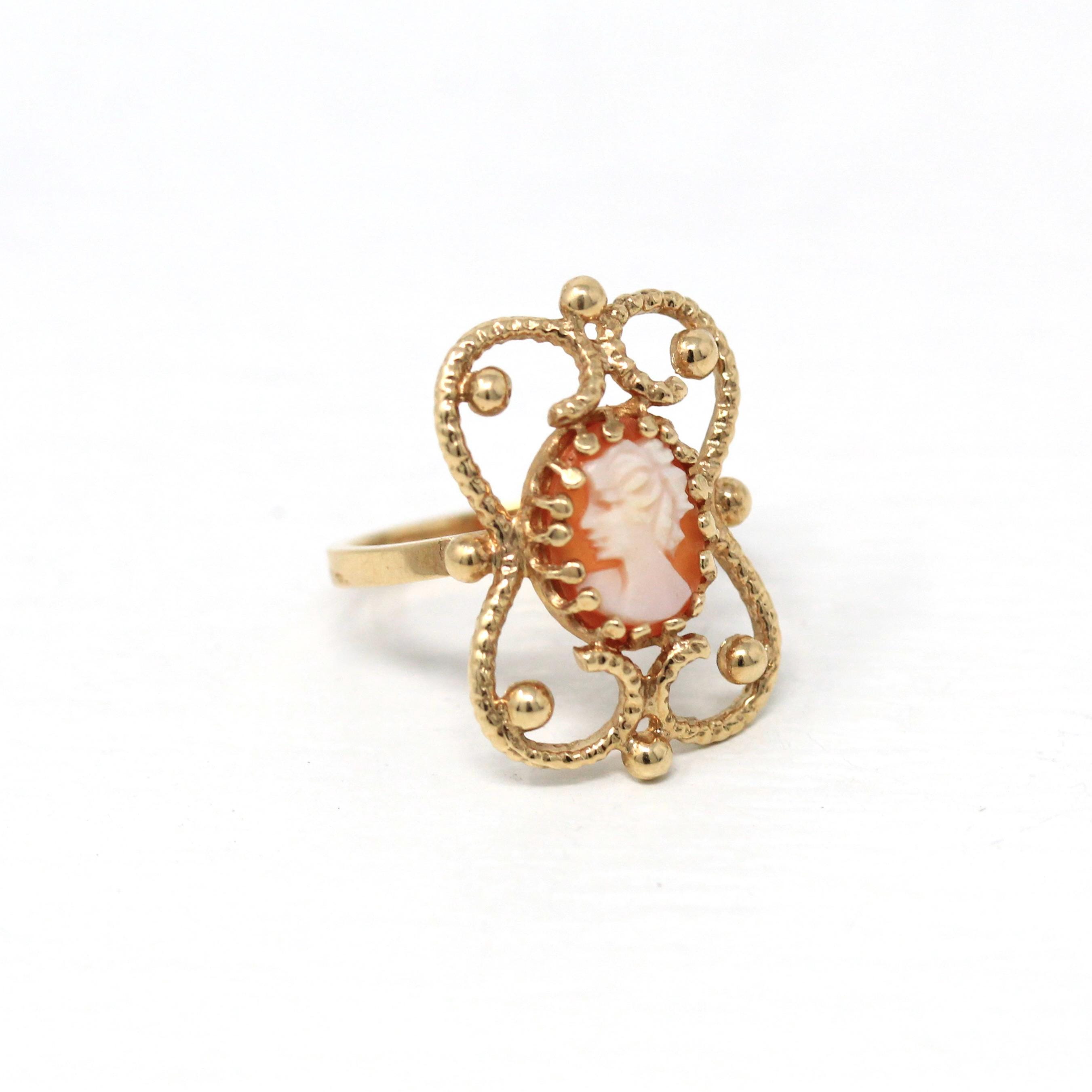 Vintage Cameo Ring - Retro 10k Yellow Gold Carved Shell Bead Studded Style - 1960s Size 5.75 Profile New Old Stock Statement Fine Jewelry